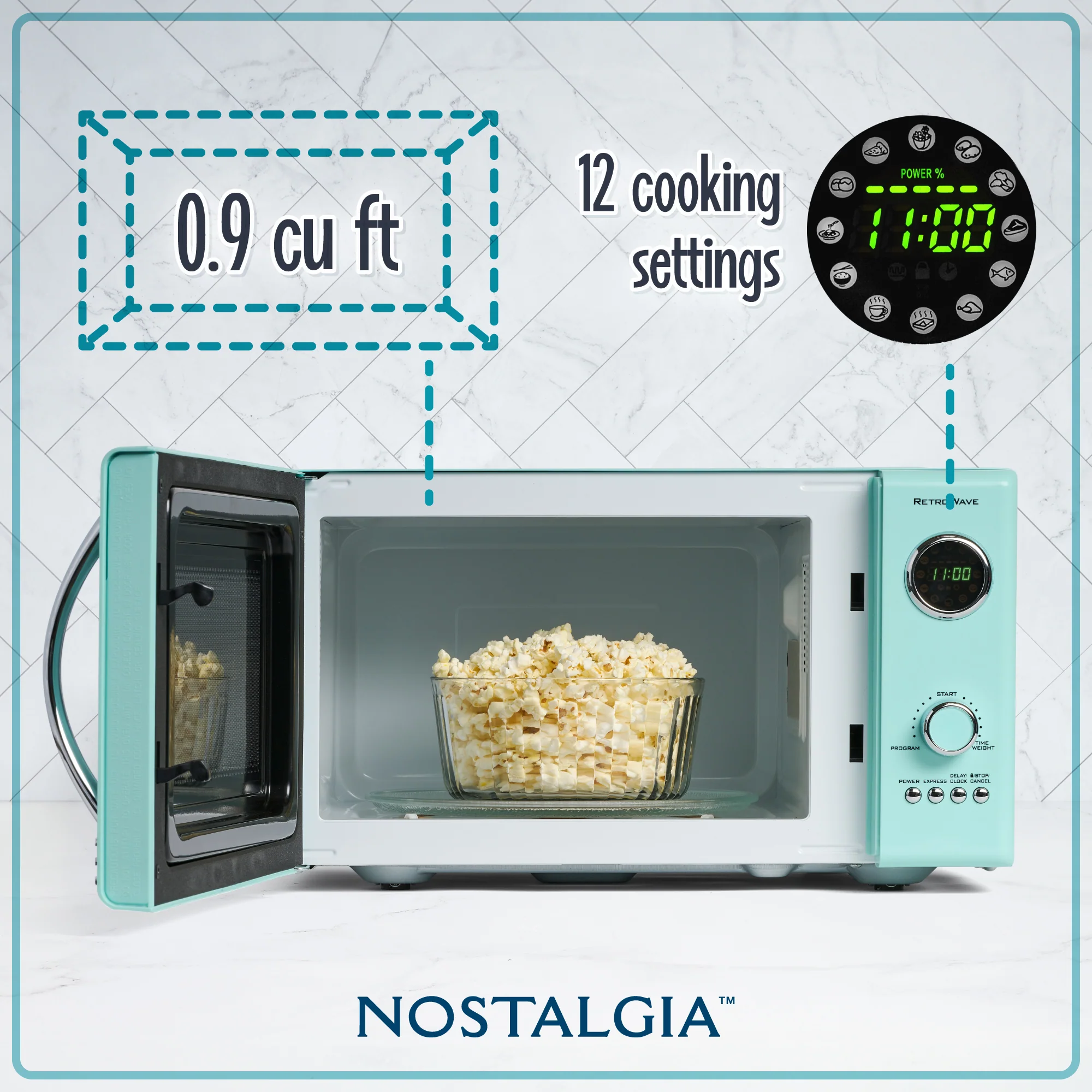 Retro 0.9 Cubic Foot 800-Watt Countertop Microwave Oven - Aqua - Inhomebuy