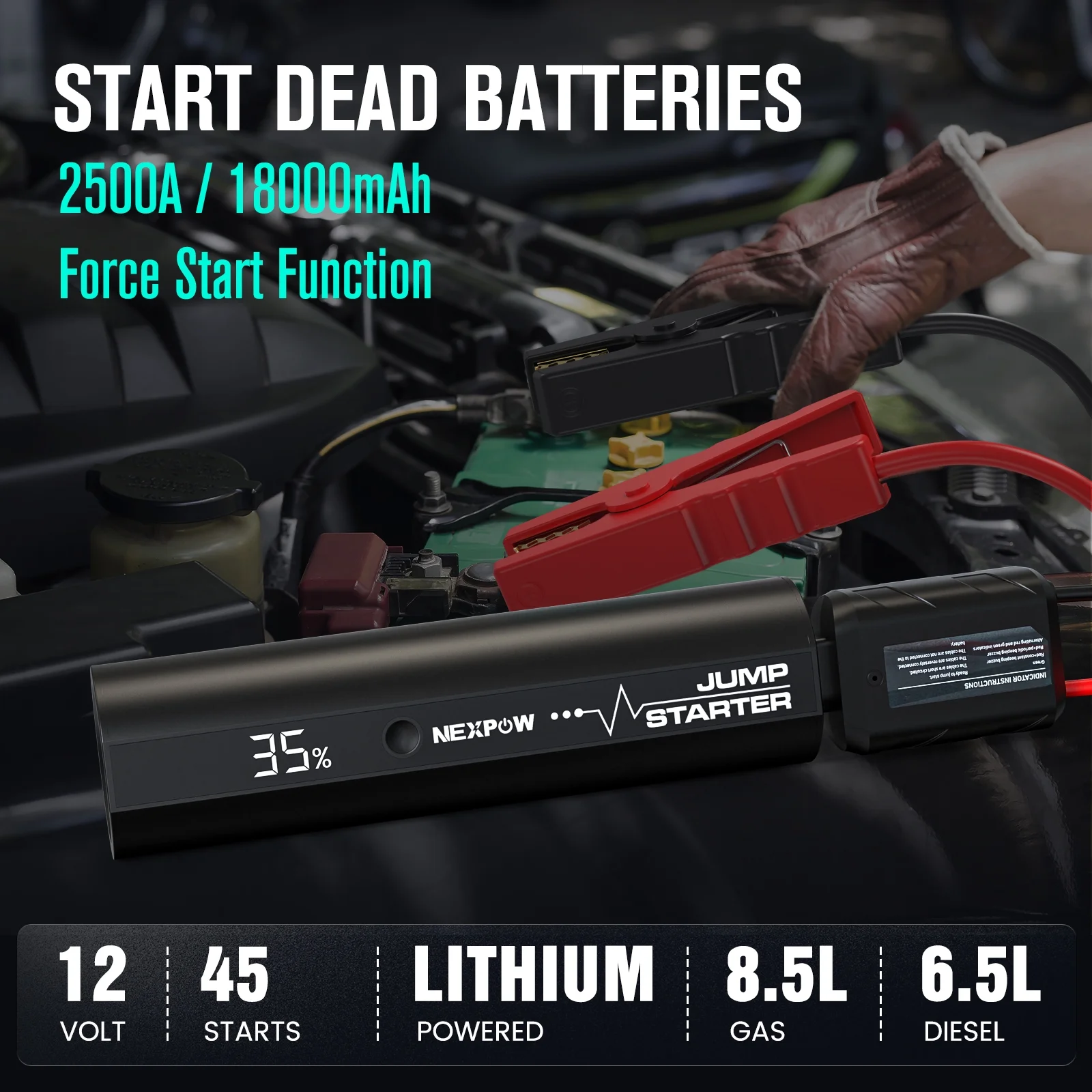 NEXPOW Car Jump Starter with LED Flashlight, 2500A Peak 18000mAh Battery Jump Starter (up to 8.5L Gas and 6.5L Diesel Engine), 1500 Lumen Flashlight and 12V Jump Box - Inhomebuy