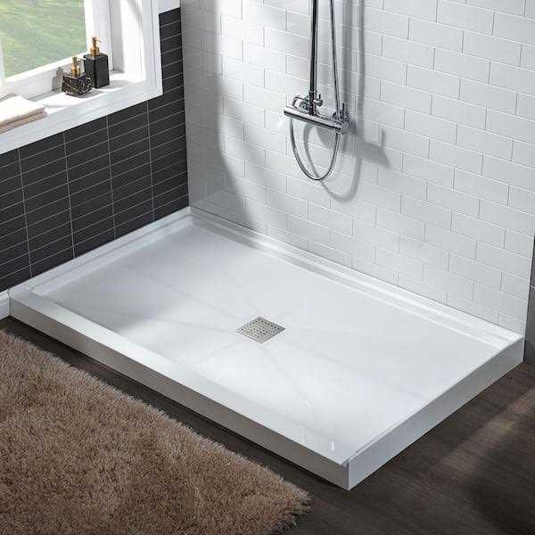 WoodBridge Krasik 60 in. L x Alcove Solid Surface Shower Pan Base Drain in White Cover SBR - Inhomebuy