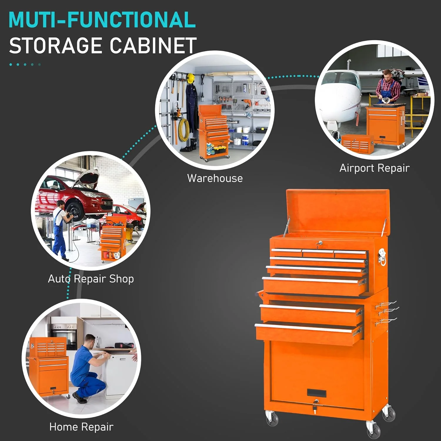 2-IN-1  Tool Chest & Cabinet, Large Capacity 8-Drawer Rolling Tool Box Organizer with Wheels Lockable Craft, Black - Inhomebuy