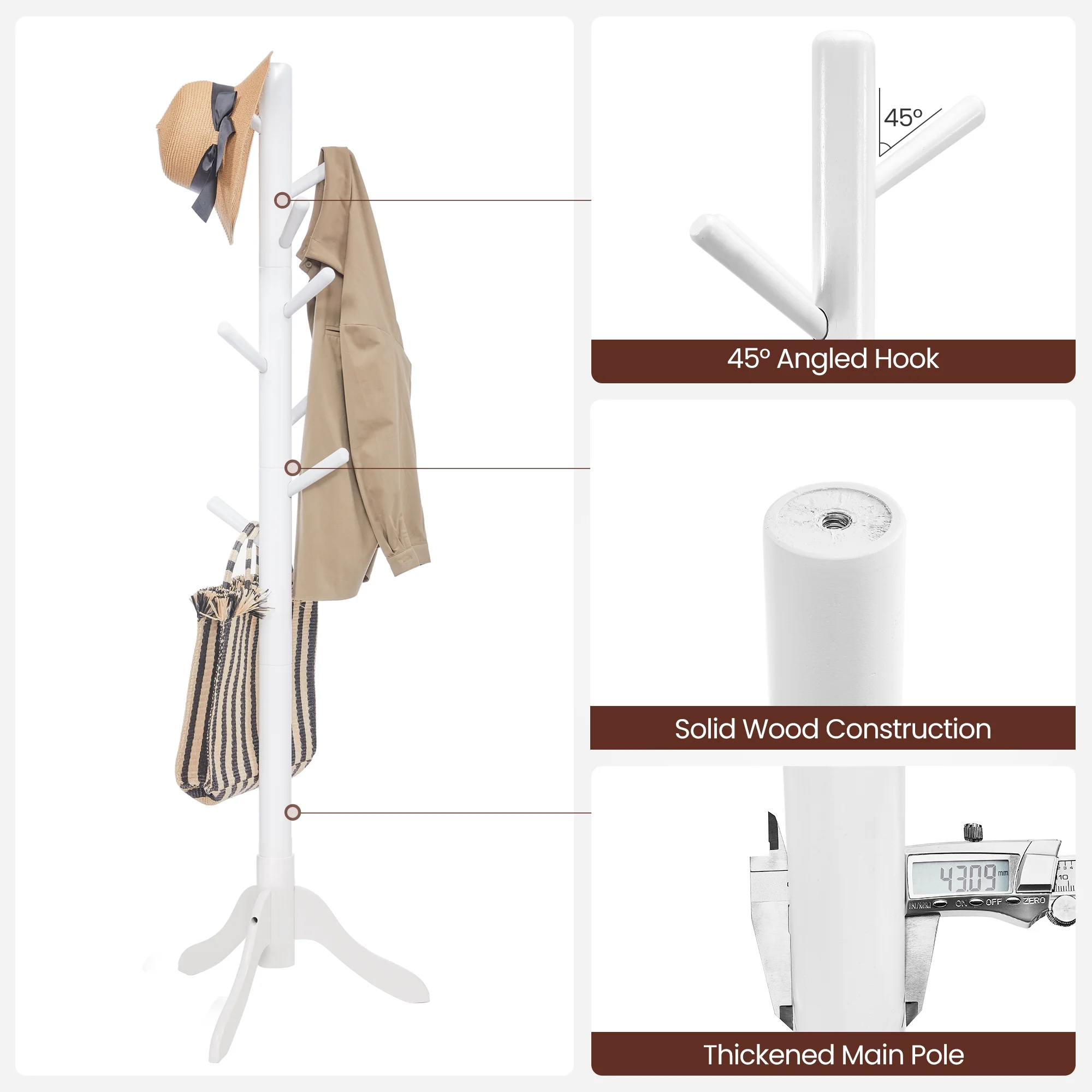 VASAGLE 8 Hooks Coat Rack Solid Wood Free Standing Coat Rack with Tree-Shaped Coat Rack 3 Height Options for Clothes Hats Bags for Living Room Bedroom Home Office Dark Walnut - Inhomebuy