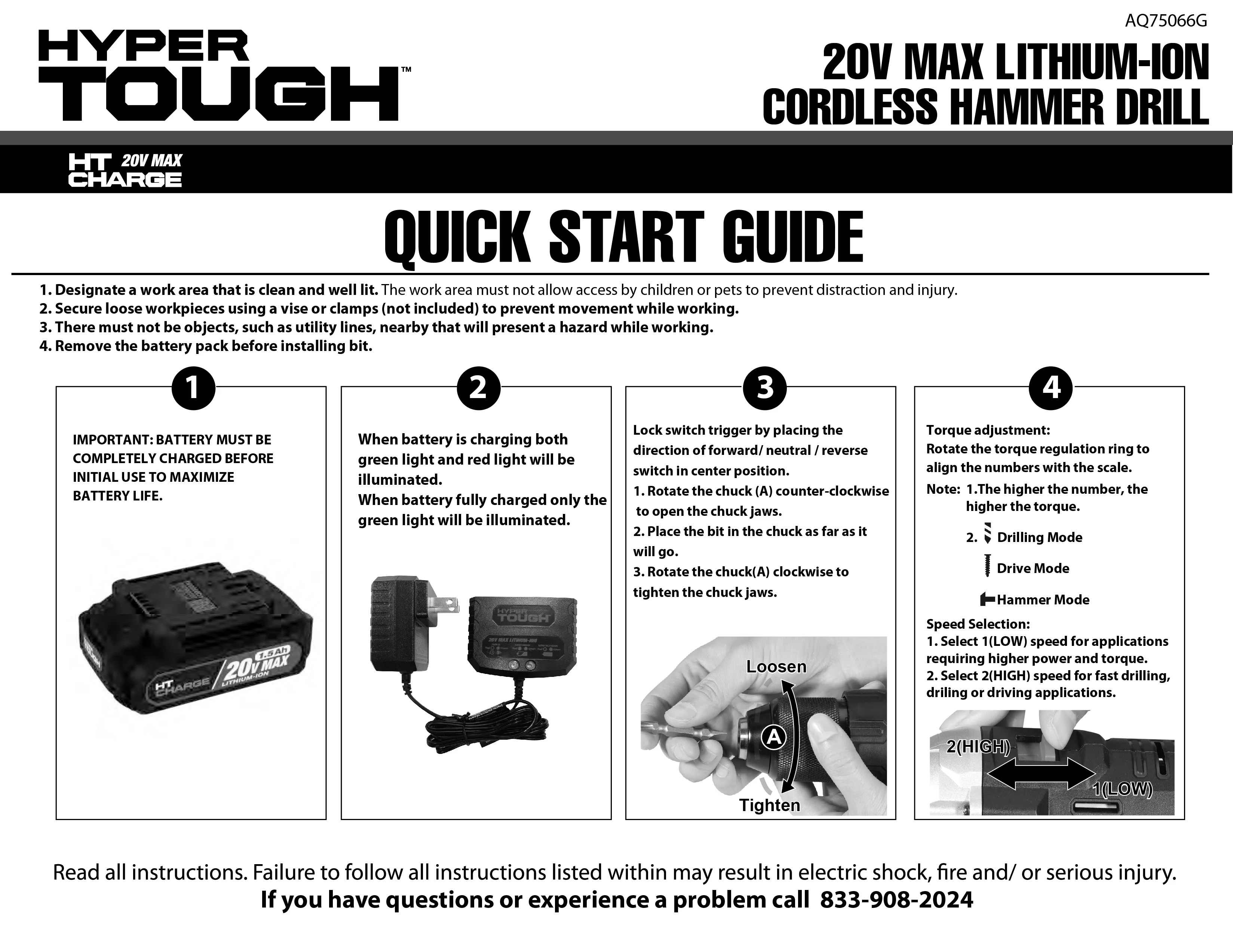 Hyper Tough 20V Max Lithium-Ion Cordless Hammer Drill, 1/2 inch Chuck, 2 Speeds with 1.5Ah Lithium-ion Battery & Charger, Bit Holder & LED Light - Inhomebuy