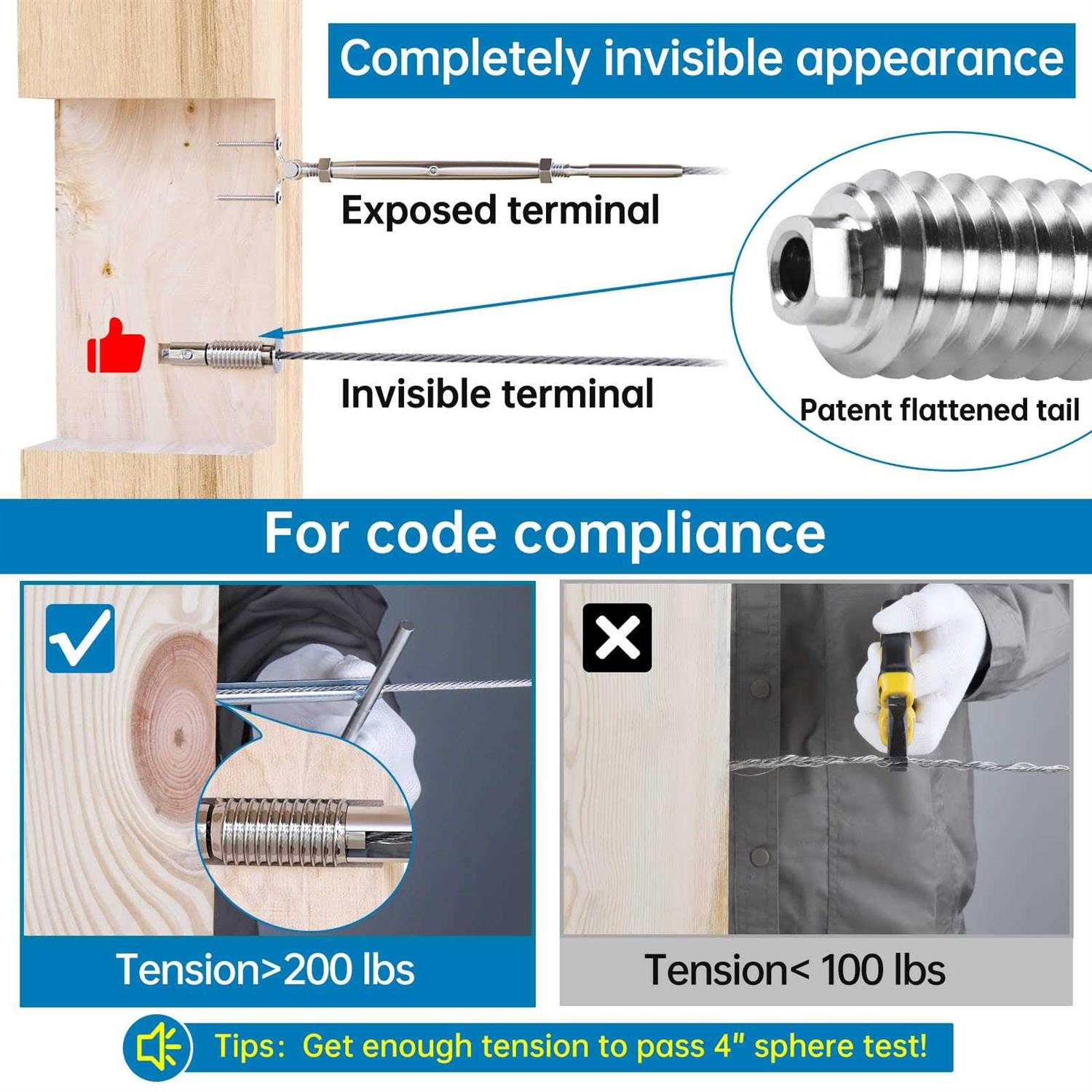 Muzata 1/8 Invisible Cable Railing Kit Lag Screw Cable Genie Tensioner Hidden T316 Stainless Steel for 4×4 6×6 8×8 Wood Posts Deck - Inhomebuy