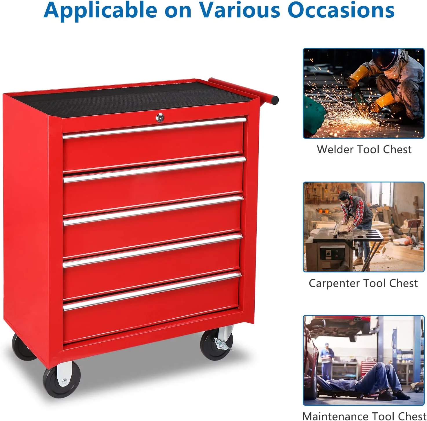 TUFFIOM 5-Drawer Rolling Tool Chest with Lock & Key, Tool Storage Organizer Box Cabinet with Wheels - Inhomebuy