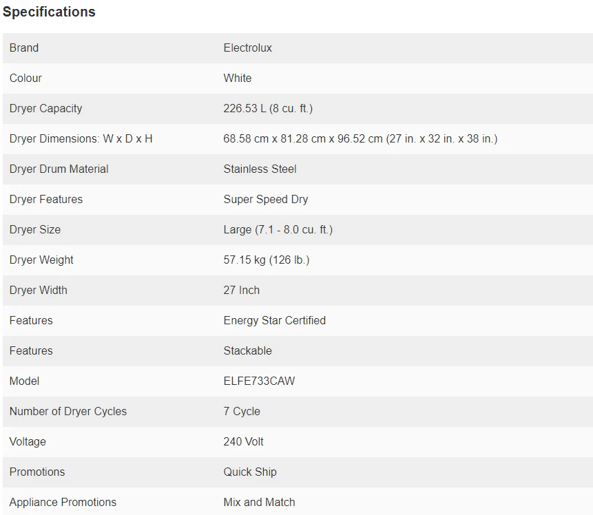 ELECTROLUX 3 SERIES 27 IN. 8.0 CU FT. WHITE ELECTRIC FRONT LOAD DRYER WITH LUXCARE LINT SHIELD - ELFE733CAW - Inhomebuy