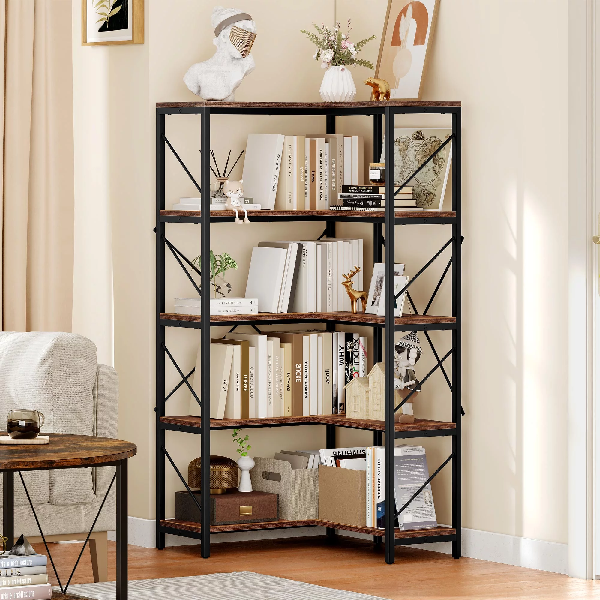 5-Tier L-Shaped Bookcase Storage Organizer, Tall Corner Bookshelf Open Display Freestanding Storage,Dark Gray - Inhomebuy