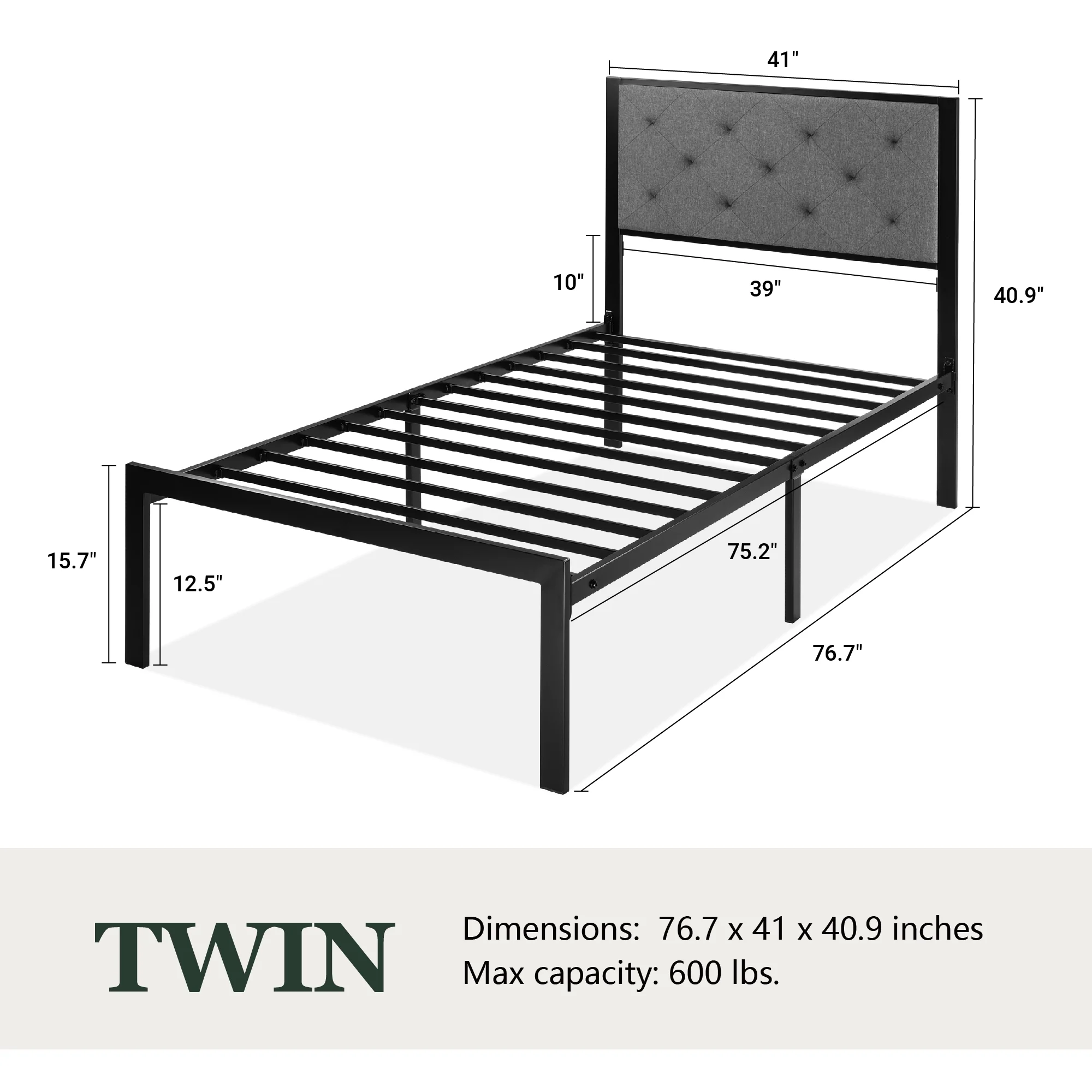 Amolife Twin Size Metal Bed Frame with Upholstered Headboard, Dark Grey - Inhomebuy
