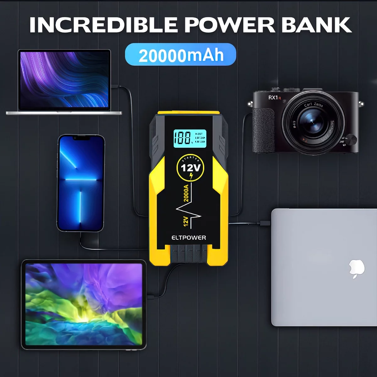 ELTPOWER 20000mAh Car Battery Jump Starter for Up to 9L Gas 7L Diesel, 2000A Peak Auto Car Jump Starter with LED and USB Quick Charge 3.0 - Inhomebuy