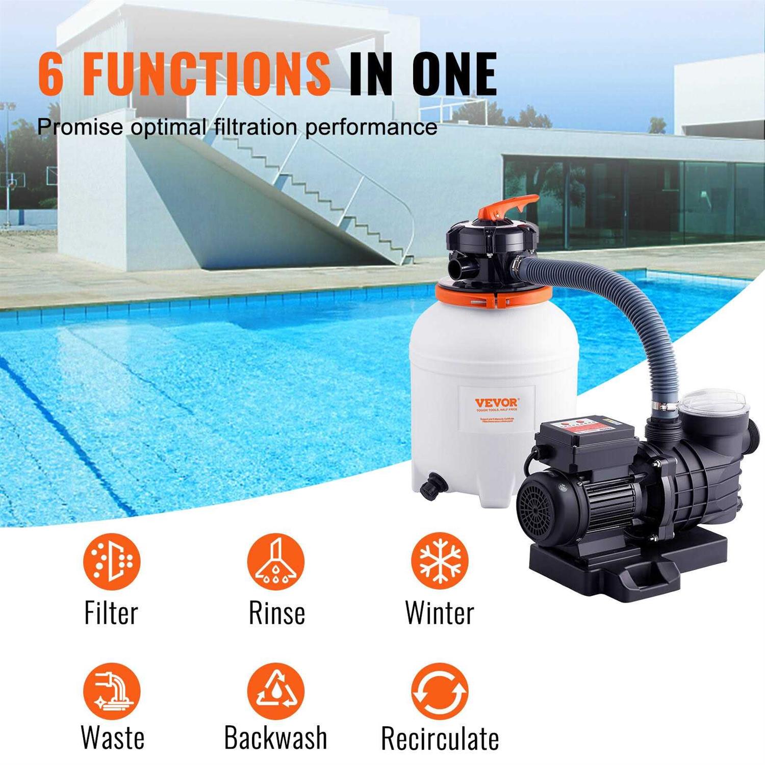 VEVOR Sand Filter Pump GPH Swimming Pool Pump Filter Set with 6-Way Multi-Port Valve Pool - Inhomebuy
