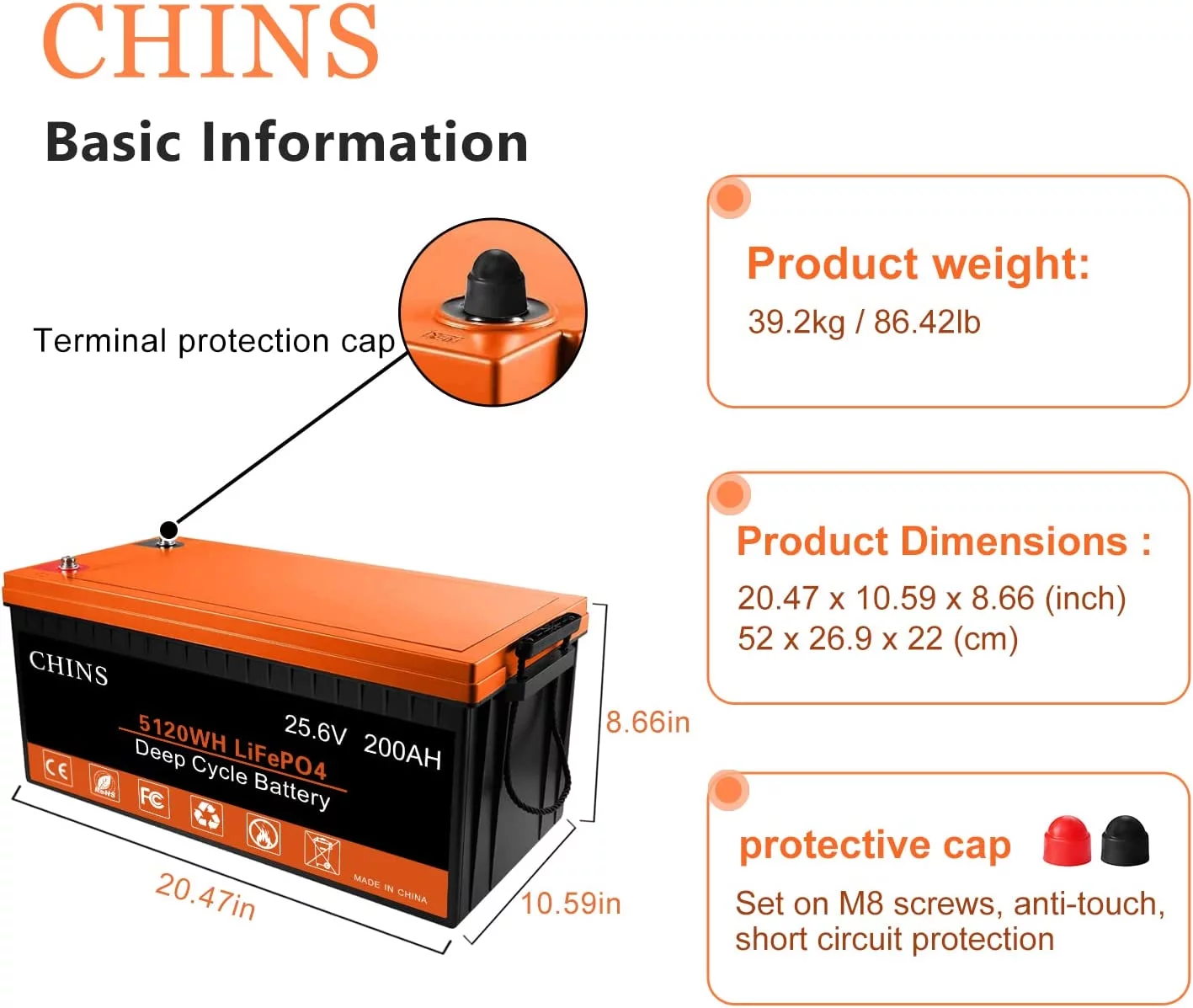 CHINS Smart LiFePO4 Lithium Iron Battery 12.8V 100Ah for Boat Fishing - Inhomebuy