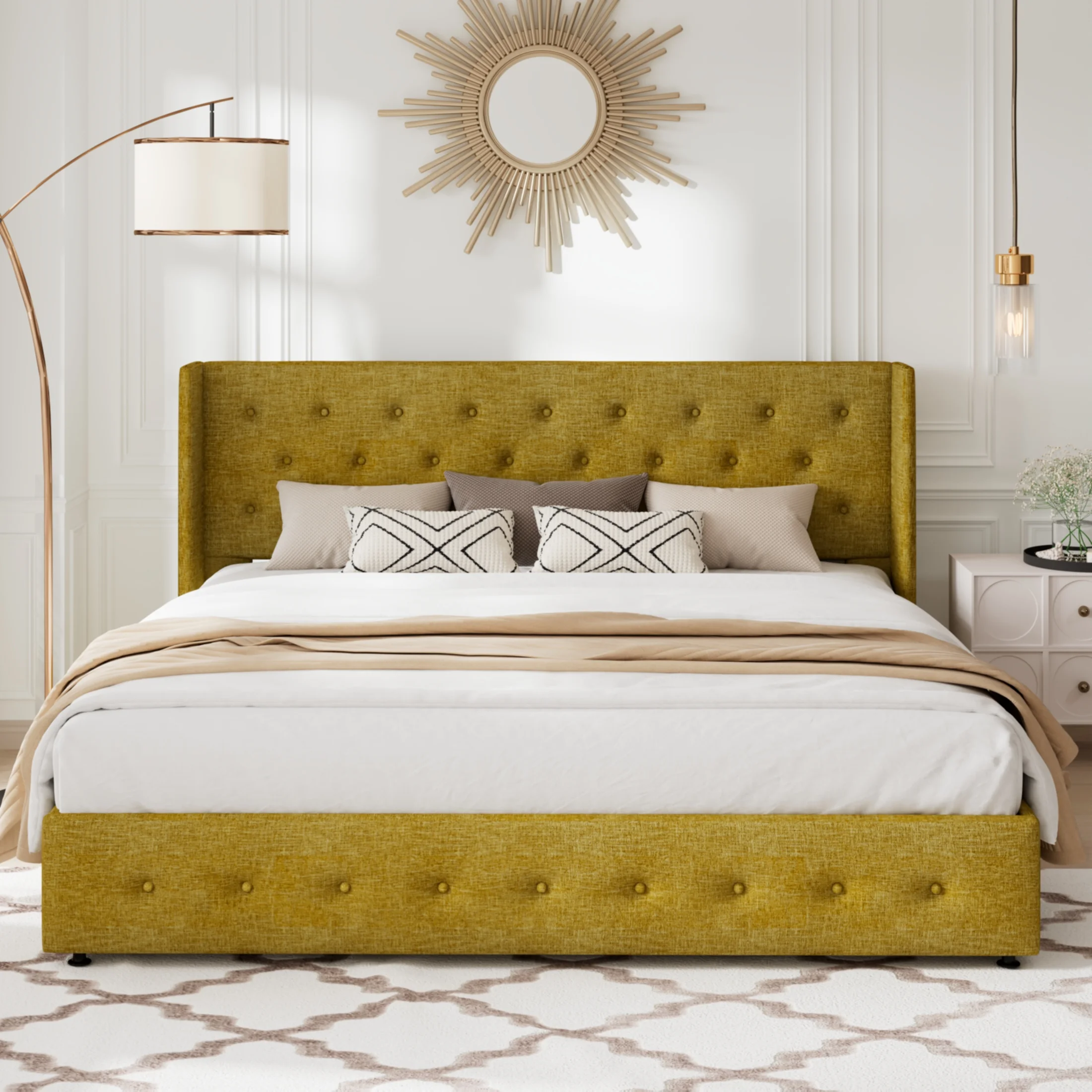 Allewie Queen Size Lift Up Platform Storage Bed Frame with Pannel Wingback Headboard, Light Beige - Inhomebuy