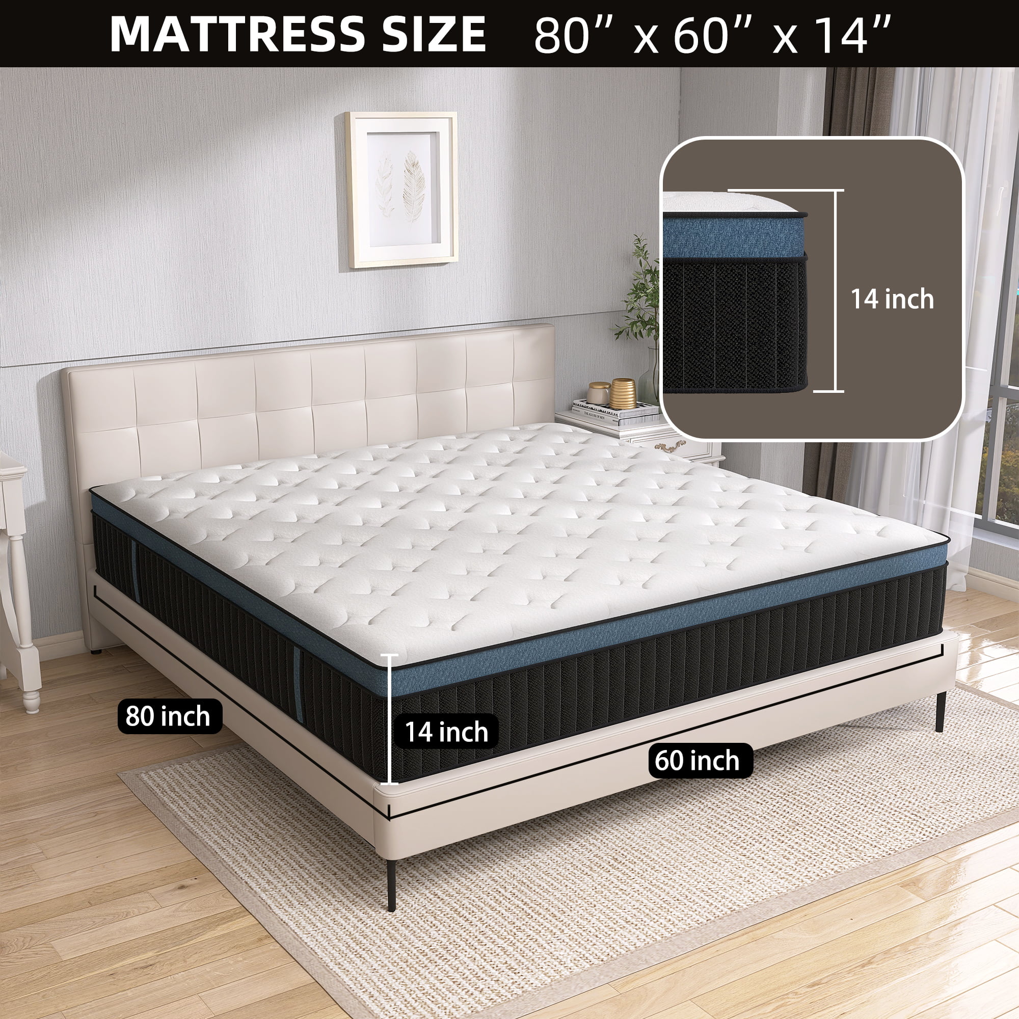 14 inch Queen Mattresses, Pocket Spring Hybrid Mattress with Gel Memory Foam for Cool Sleep,Medium Firm - Inhomebuy