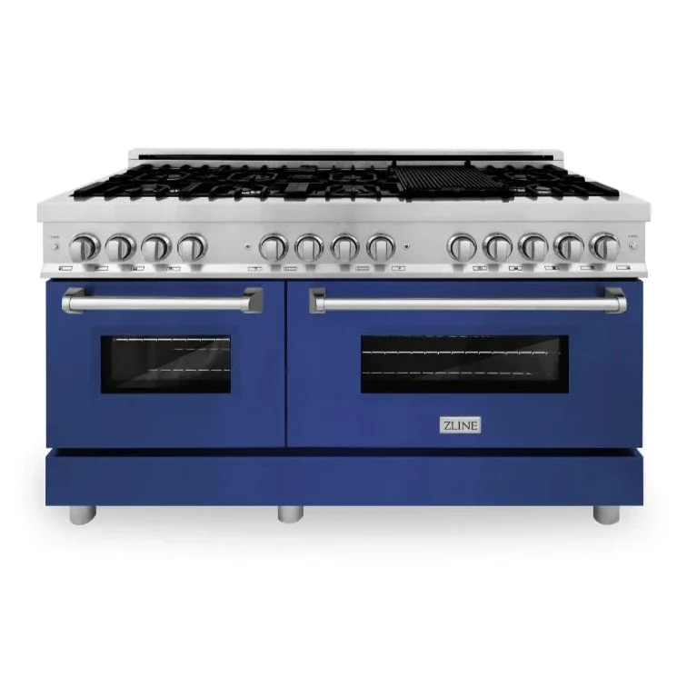 ZLINE 60 In. Professional Dual Fuel Range in DuraSnow® Stainless Steel with Blue Gloss Door, RAS-BG-60 - Inhomebuy