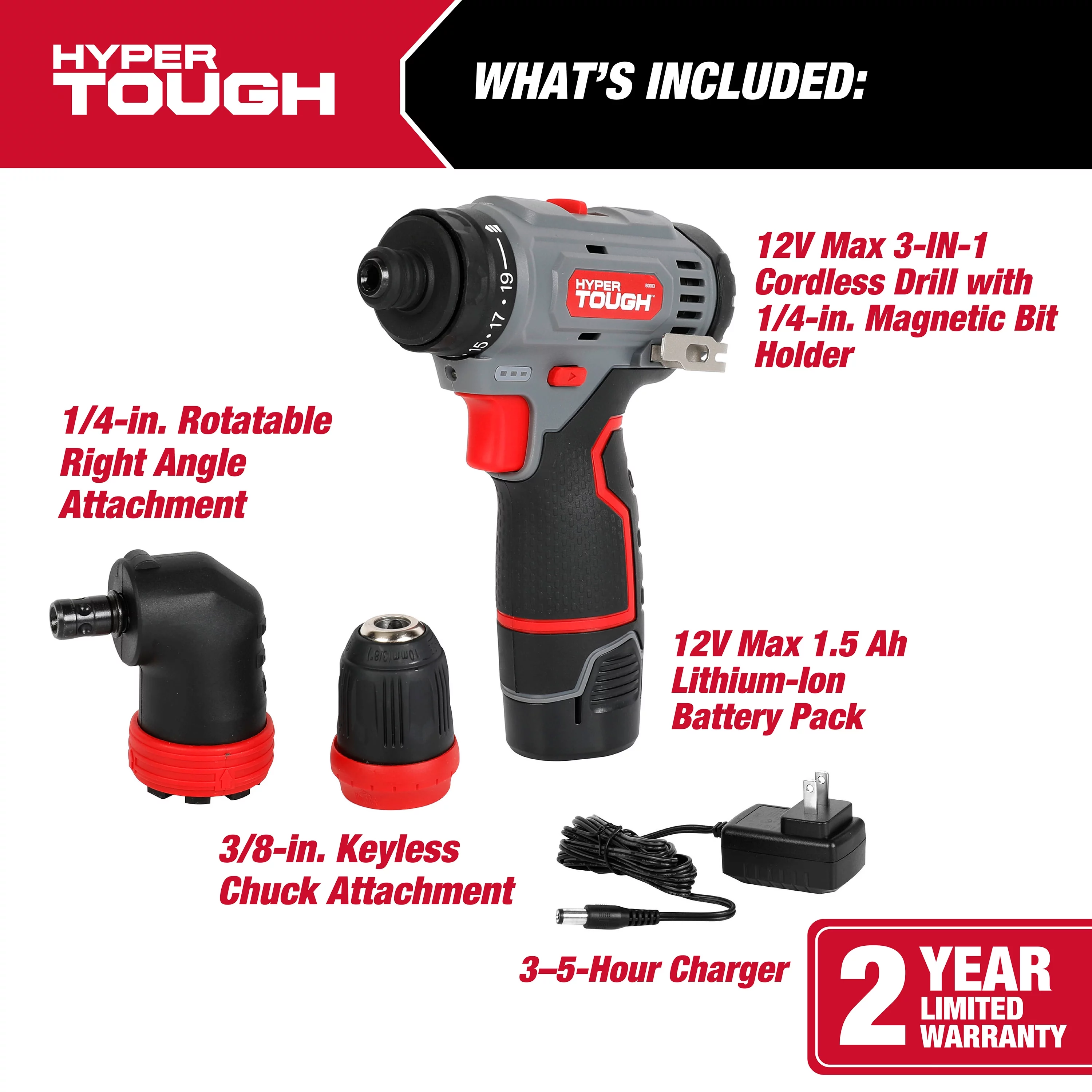 Hyper Tough 12V Max Lithium-Ion 3-in-1 Multi-Head Power Drill Set with 1.5Ah Battery and Charger, 80003 - Inhomebuy