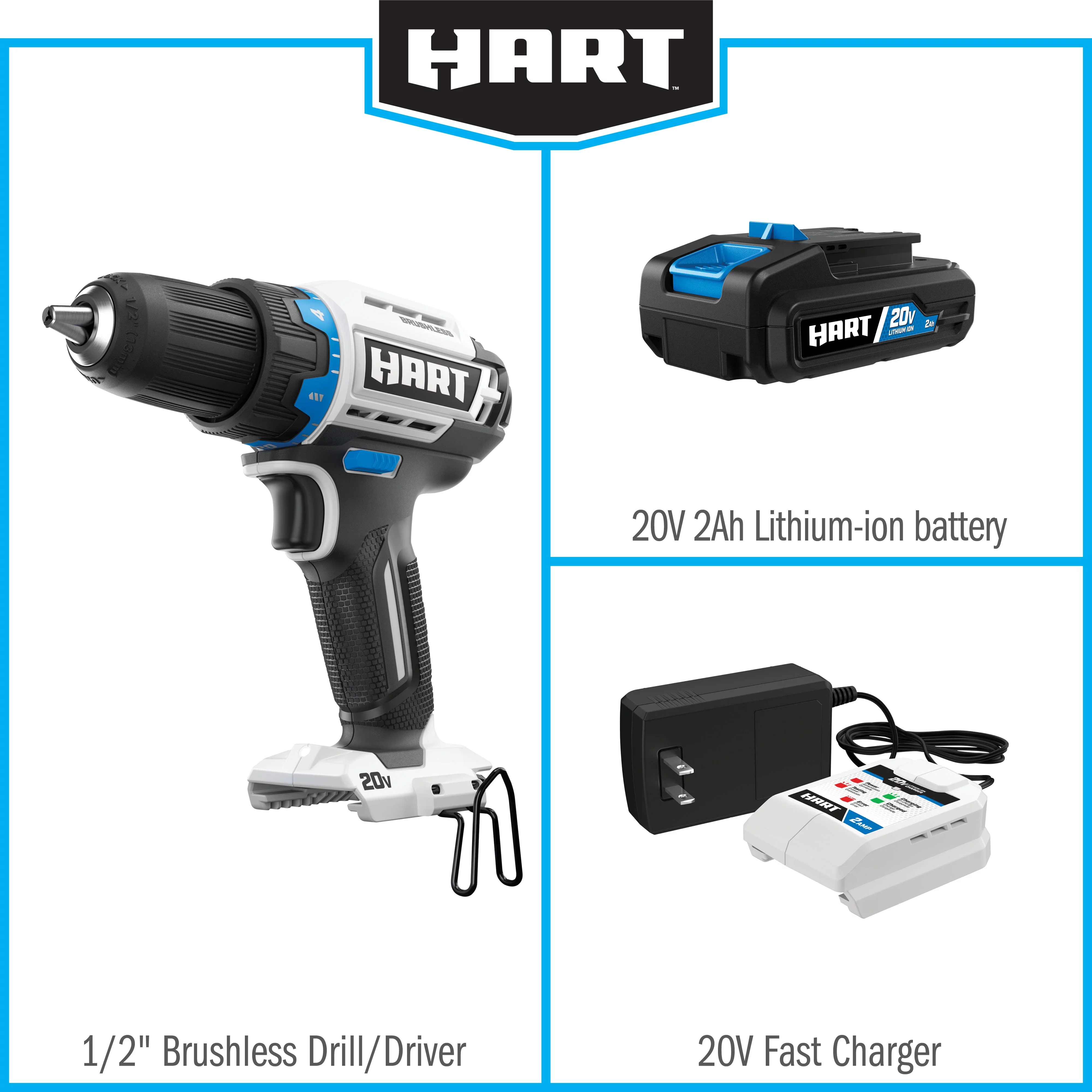 (Restored) HART 20-Volt Cordless Brushless 1/2-inch Drill/Driver Kit and 10-inch Storage Bag (1) 2Ah Lithium-Ion Battery (Refurbished) - Inhomebuy