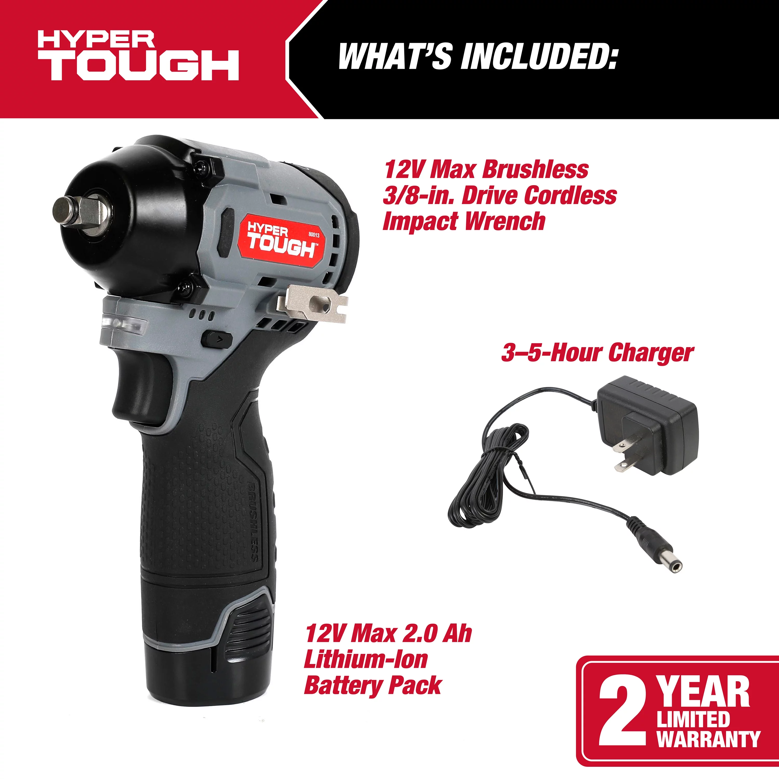 Hyper Tough 12V Max Lithium-Ion Brushless Impact Wrench with 2.0Ah Battery and Charger, 80013 - Inhomebuy