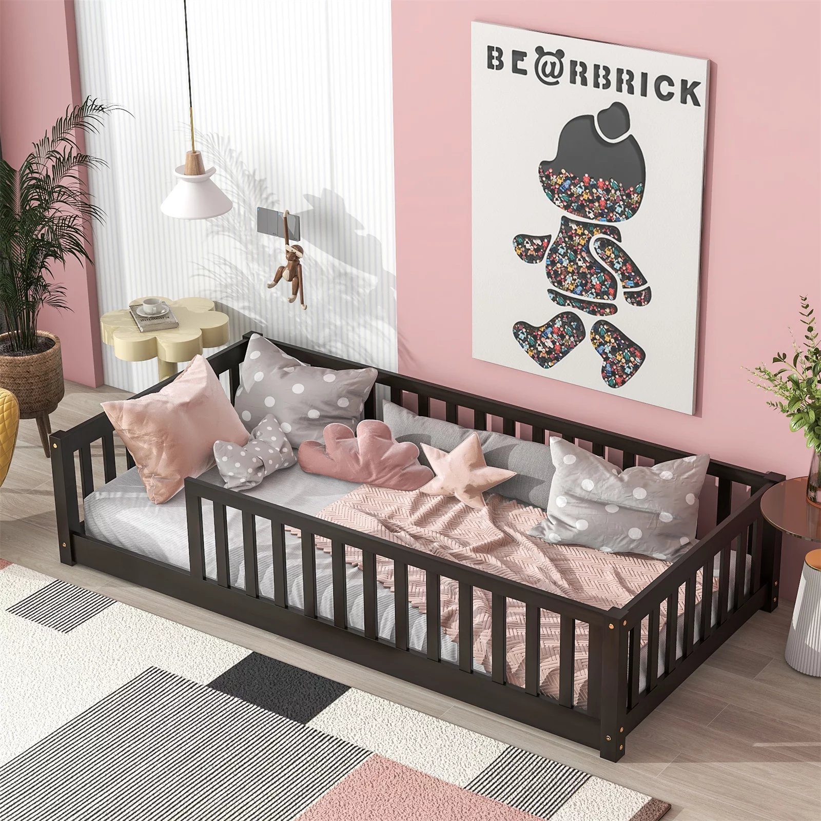 Twin Floor Bed Frame for Toddler, Montessori Floor Bed with Fence and Wood Slats, Low Wood Platform Beds for Girls Boys Kids Happy Time, White - Inhomebuy