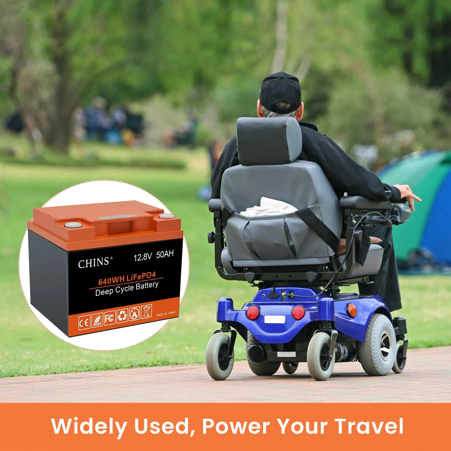 CHINS Lithium Iron 12V 50Ah LiFePO4 Battery, Built-in 50A BMS for Electric Wheelchair - Inhomebuy