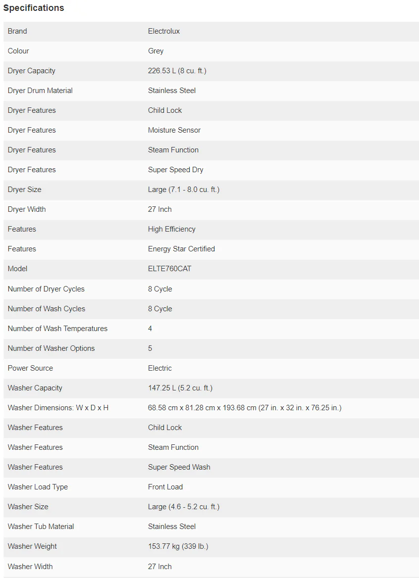 ELECTROLUX 6 SERIES WHITE SINGLE UNIT FRONT LOAD LAUNDRY TOWER WITH 5.2 CU. FT. WASHER, 8.0 CU. FT. - Inhomebuy