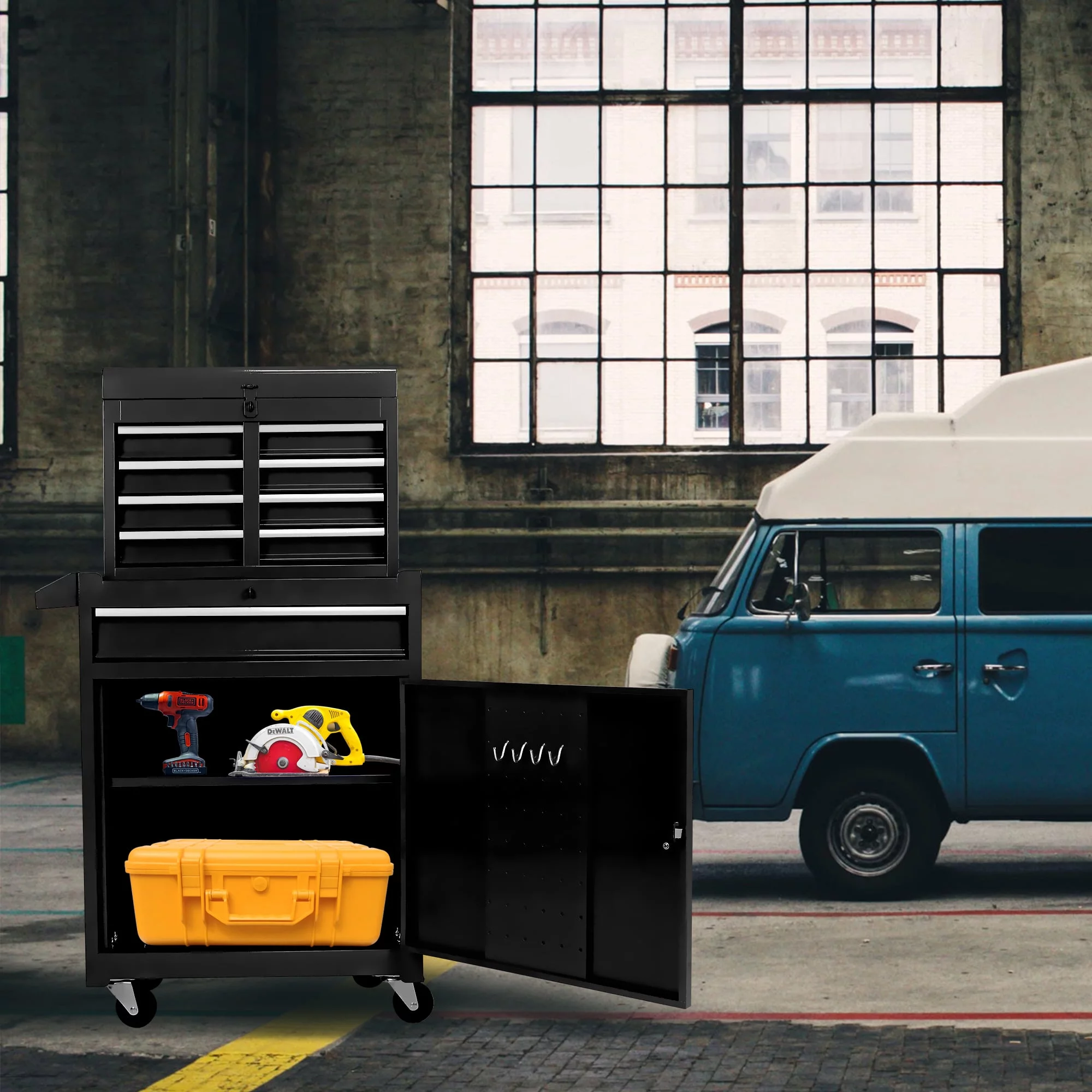 5-Drawer Rolling Tool Chest & Removable Tool Box with Locking System, Tool Box Organizer with 4 Wheels&Hooks, Large Capacity Garage Storage Cabinet for Warehouse and Repair Shop, Black - Inhomebuy