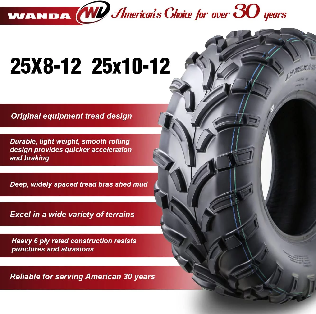 Wanda ATV/UTV Tires 25x8-12 Front & 25x10-12 Rear /6PR P373, Set 4 - Inhomebuy