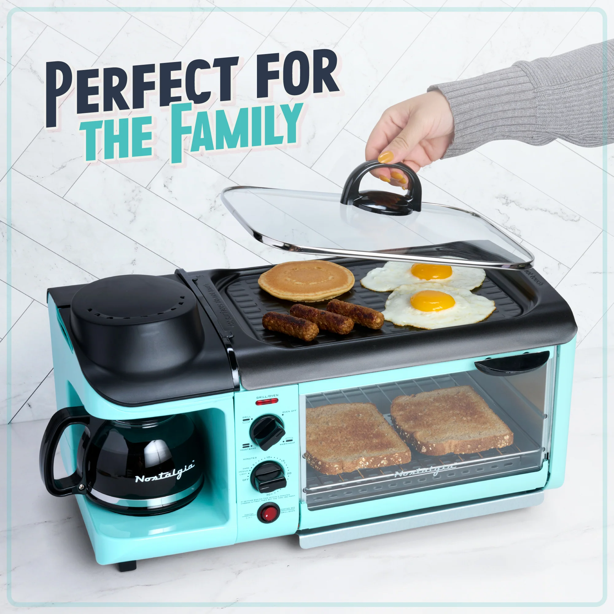 Retro 3-in-1 Family Size Breakfast Station, Aqua - Inhomebuy