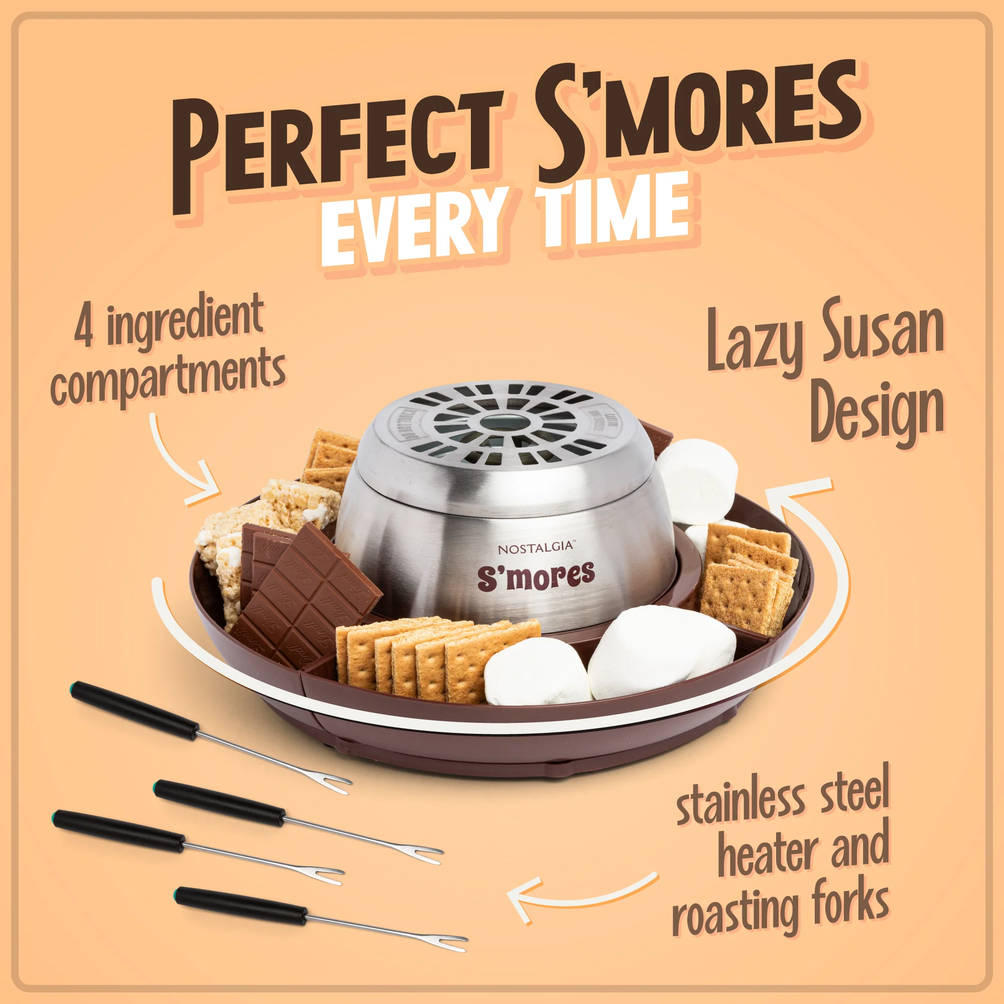 Indoor Electric Stainless Steel S'mores Maker with 4 Lazy Susan Compartment Trays for Graham Crackers, Chocolate, Marshmallows and 4 Roasting Forks - Inhomebuy