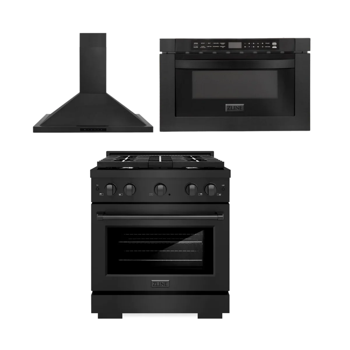 ZLINE 30 in. Kitchen Appliance Package with Black Stainless Steel Gas Range, Convertible Vent Range Hood and Microwave Drawer, 3KP-SGRBRH30-MW - Inhomebuy