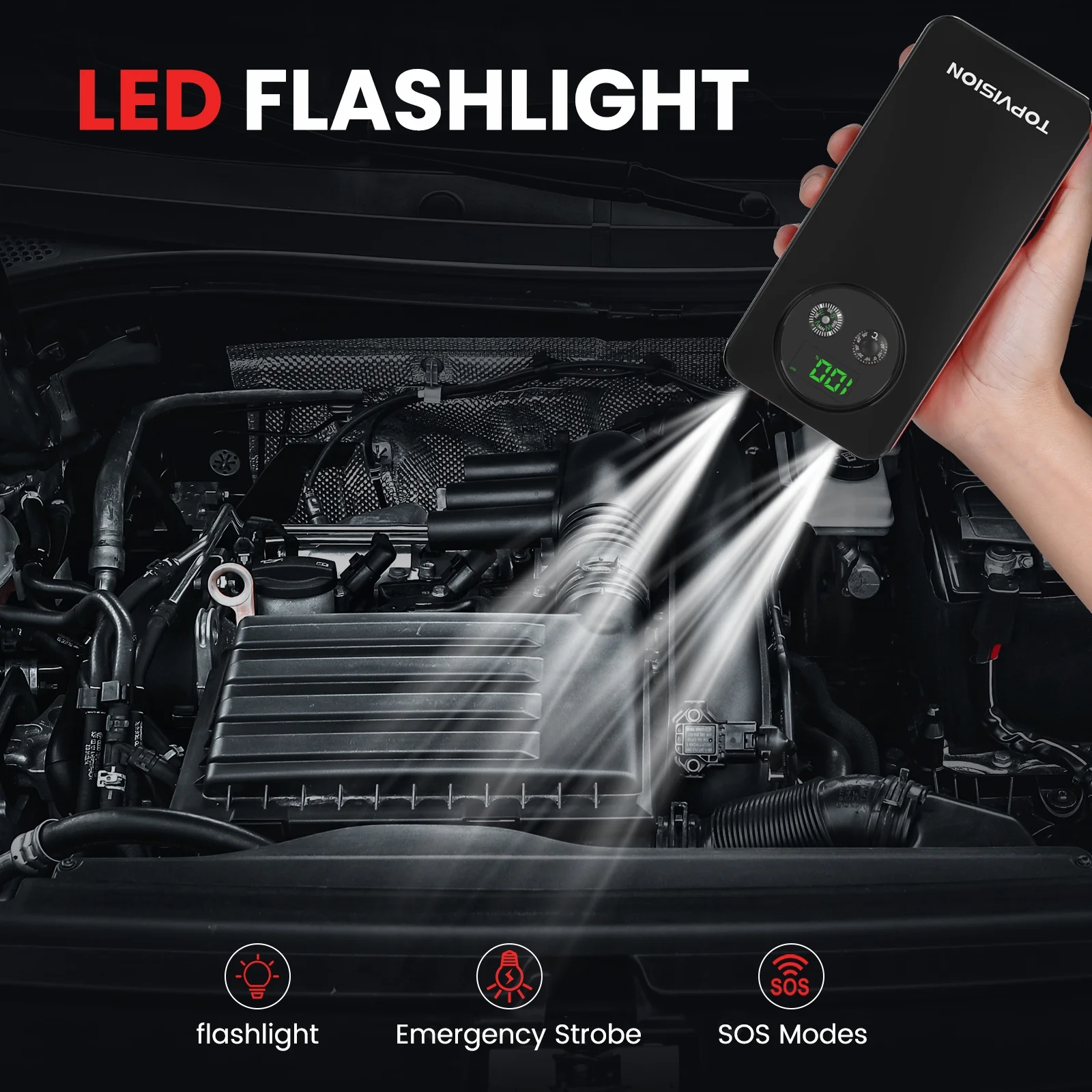 TOPVISION 2500A Car Jump starter Powerful Car Jump Starter with Dual USB Quick Charge and DC Output,12V Jump Pack with Built-in LED Bright Light - Inhomebuy