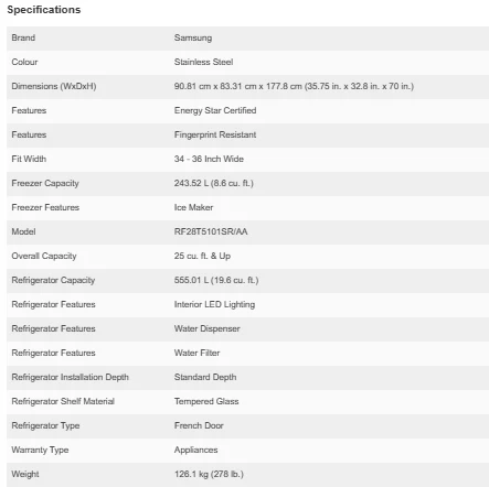 Samsung 36 in. 28.2 cu. ft Stainless Steel French Door Refrigerator - RF28T5101SR/AA - Inhomebuy
