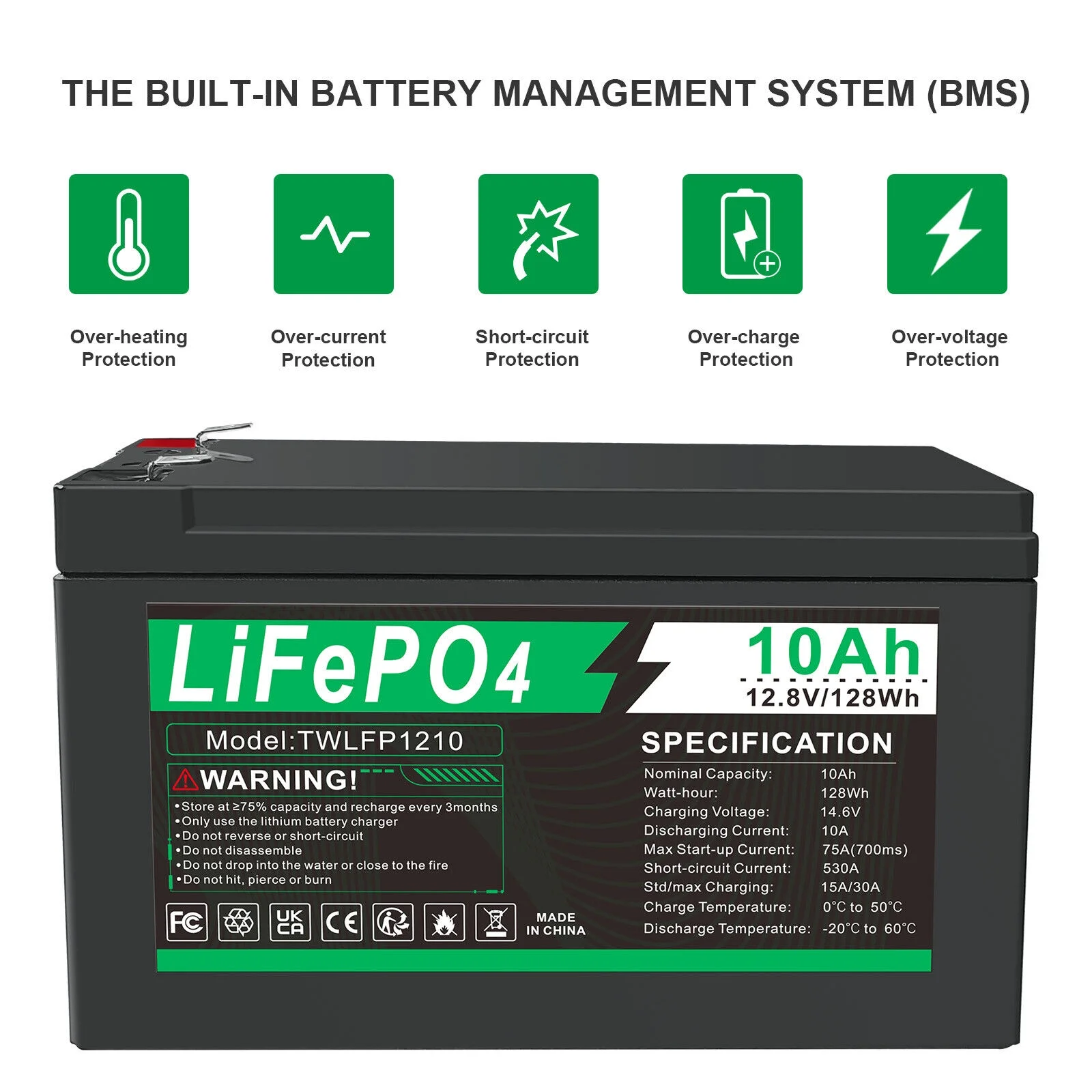BMS LiFePO4 Battery 12V Lithium 10Ah 2000+ Deep Cycle for RV Boat Home Outdoor - Inhomebuy