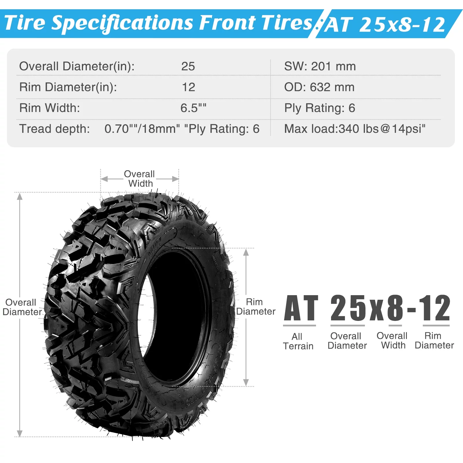 Ktaxon Set of 4 6PR All Terrain ATV UTV Tires, 25x8-12 Front & 25x10-12 Rear, Tubeless - Inhomebuy