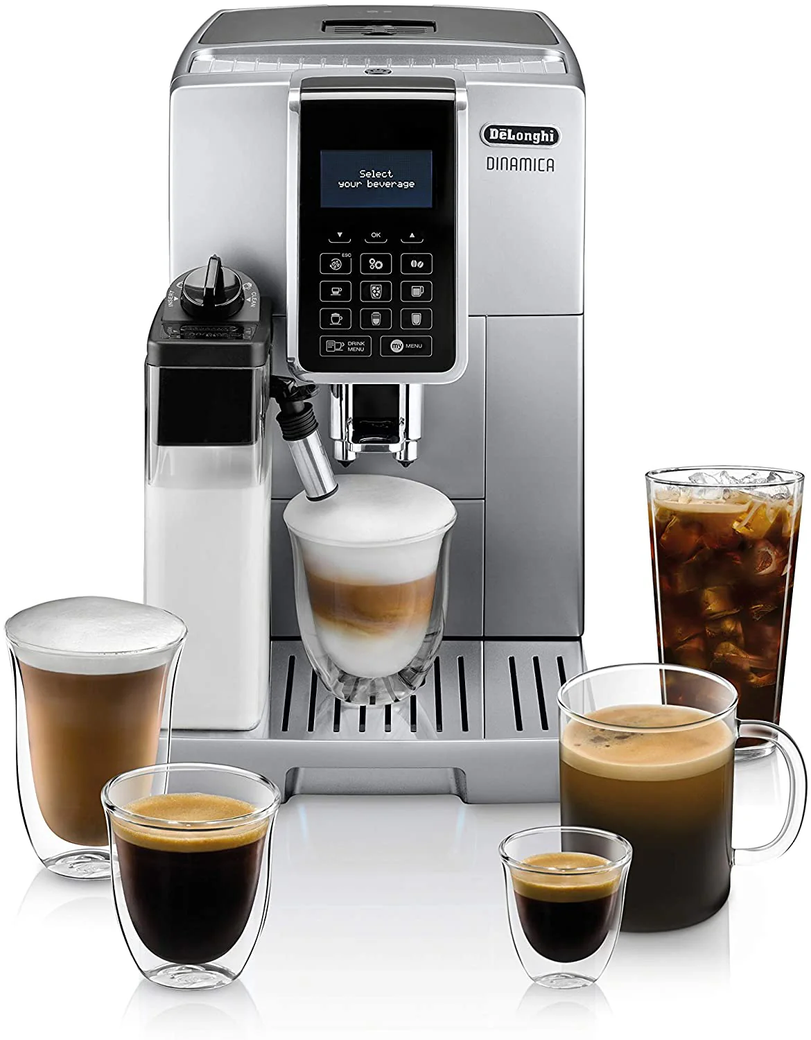 DeLonghi Dinamica with LatteCrema Fully Automatic Espresso Maker: with iced coffee, automatic milk frother, silver | ECAM35075SI - Inhomebuy