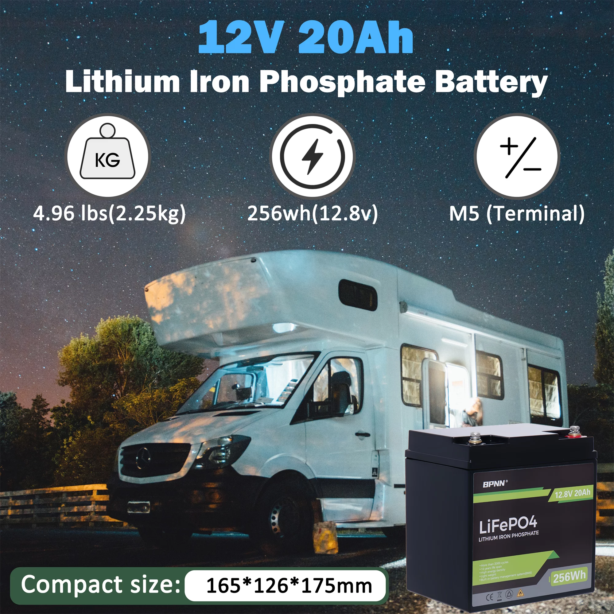 BPNN 12V 100Ah LiFePO4 Battery Long Cycles 12V Lithium Battery for RV Home Backup - Inhomebuy
