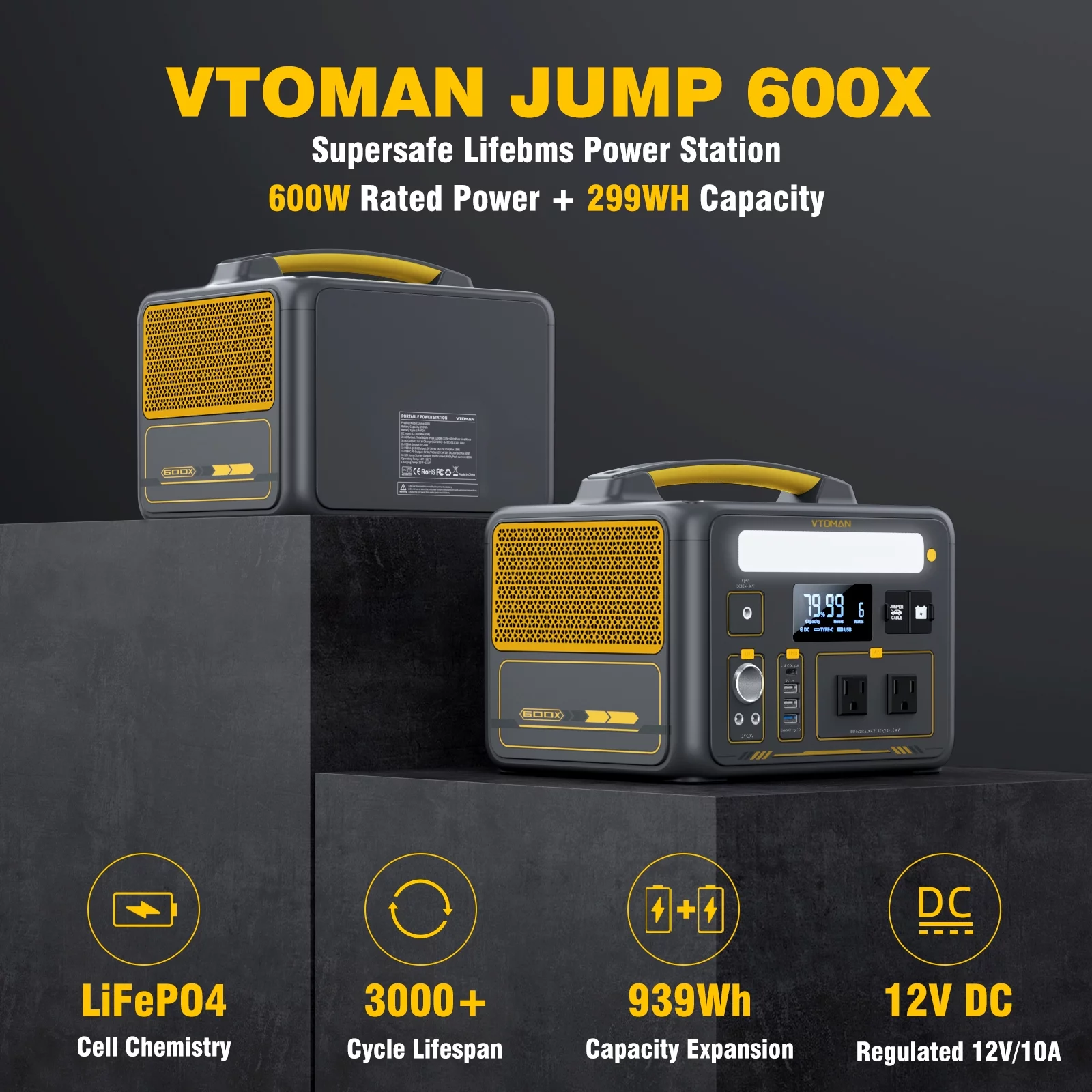 VTOMAN Jump 600X Portable Power Station 600W (1200W Peak), 299Wh LFP Solar Generator with 110V/600W AC Outlet, Jump Starter, 60W USB Port, 12V DC Output for Camping & Home Backup - Inhomebuy