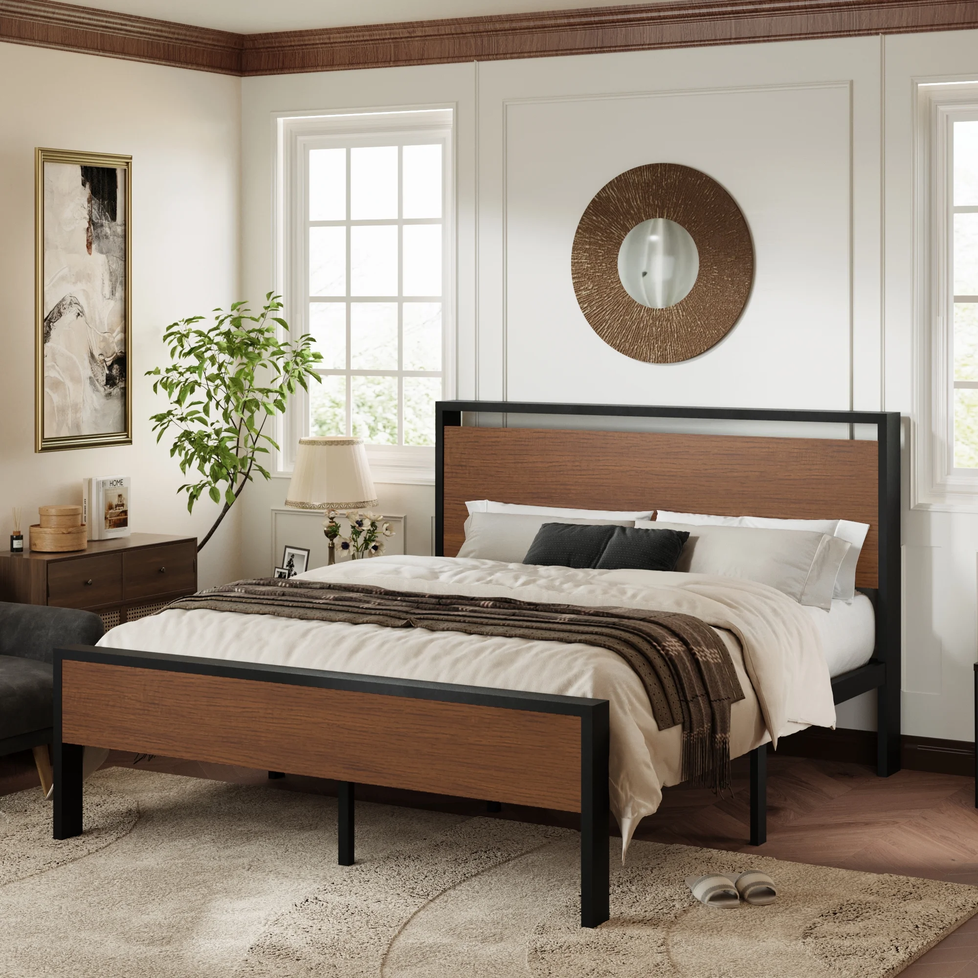 Allewie Sanders Queen Size Metal Platform Bed Frame with Wood Headboard and Footboard & Metal Slat - Inhomebuy