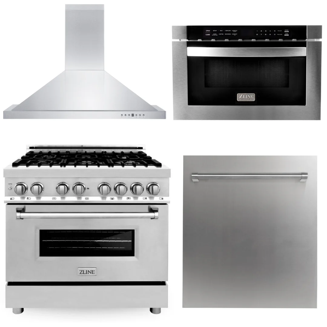 ZLINE Appliance Package 4 Piece Bundle - 36 in. Dual Fuel Range, Range Hood, Microwave Drawer & Dishwasher, AB-RA36-3 - Inhomebuy