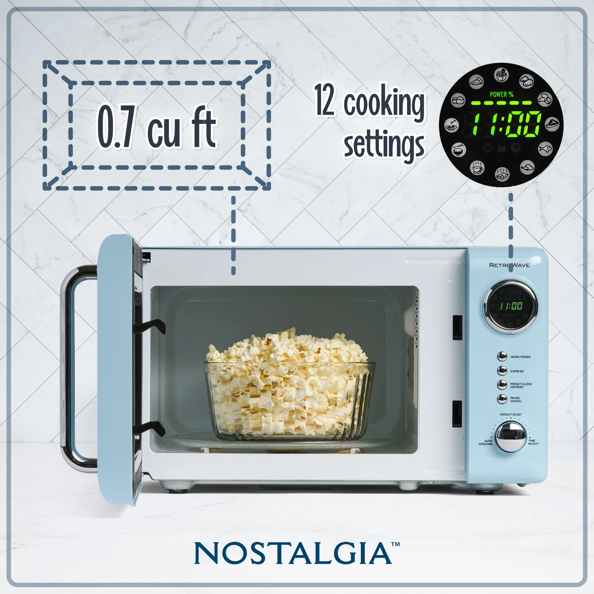 Nostalgia Retro 0.7 Cubic Foot 700-Watt Countertop Microwave Oven - Blue - Inhomebuy