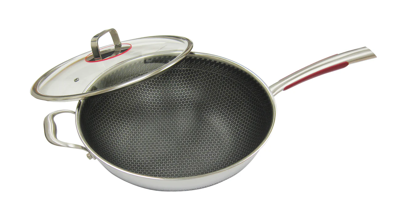 Laser Etched Hybrid non-stick 3-ply stainless steel Wok |BCHW34G| 34cm with glass lid - Inhomebuy