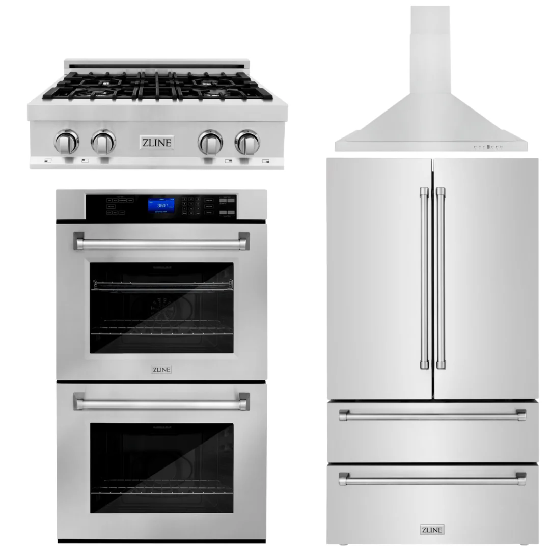 ZLINE 4-Piece Appliance Package - 30 In. Rangetop, Range Hood, Refrigerator, and Double Wall Oven in Stainless Steel, 4KPR-RTRH30-AWD - Inhomebuy