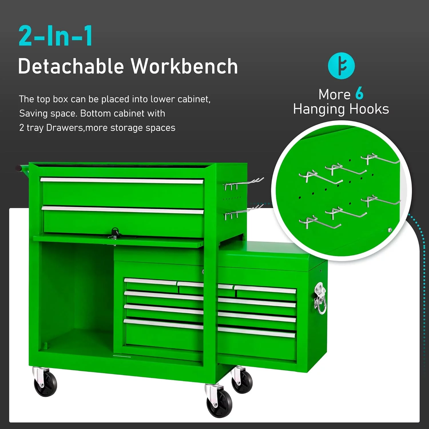 2-IN-1  Tool Chest & Cabinet, Large Capacity 8-Drawer Rolling Tool Box Organizer with Wheels Lockable Craft, Black - Inhomebuy