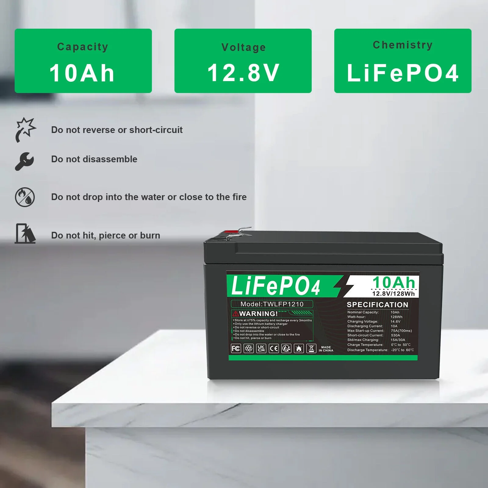 BMS LiFePO4 Battery 12V Lithium 10Ah 2000+ Deep Cycle for RV Boat Home Outdoor - Inhomebuy