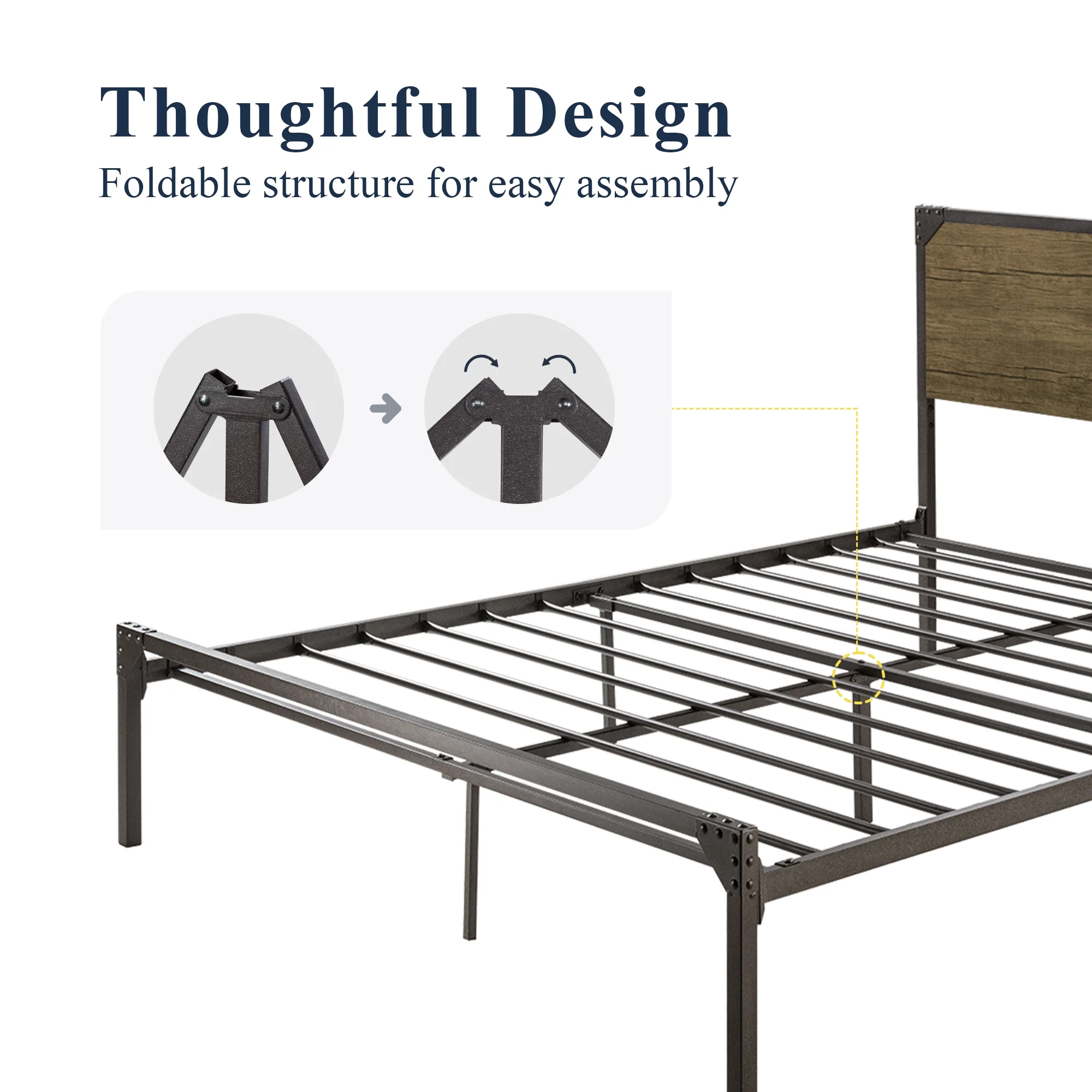 Allewie Queen Size Industrial Metal Platform Bed Frame with Wooden Rivet Headboard,  No Box Spring Needed, Brown - Inhomebuy