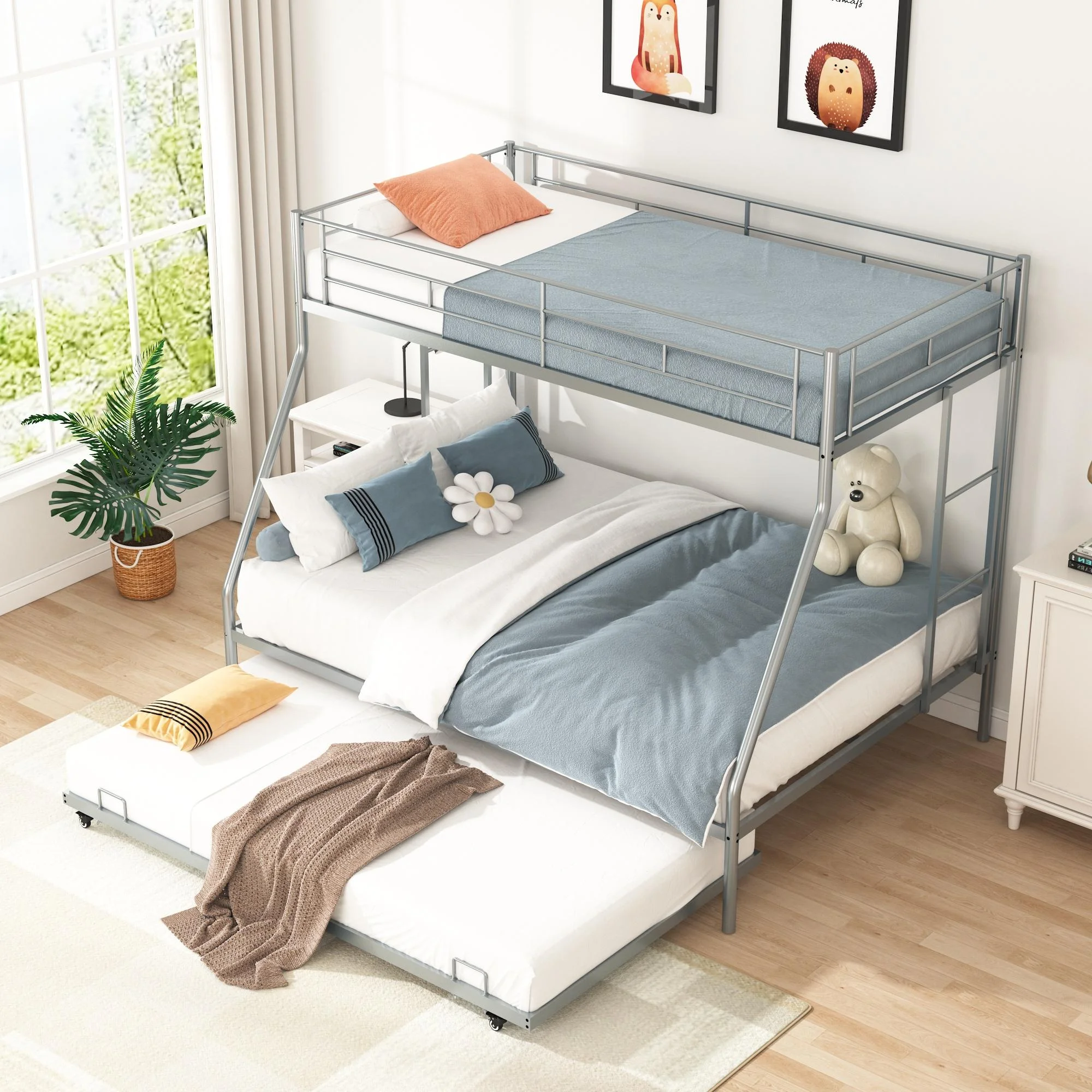 Twin Over Full Metal Bunk Beds with Trundle Bed, Paproos Metal Bunk Beds for Kids Teens Adults with Side Ladders, Twin Over Full Size Bunkbed Frame, No Box Spring Needed, with CPC Certification, Black - Inhomebuy