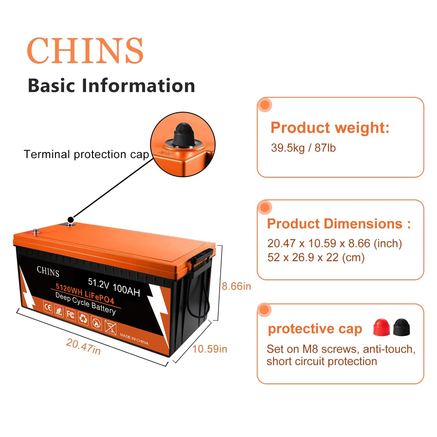 CHINS Smart LiFePO4 Lithium Iron Battery 12.8V 100Ah for Boat Fishing - Inhomebuy