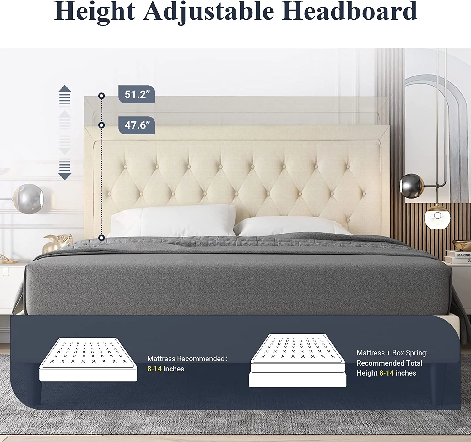 Allewie Queen Size Bed Frame Upholstered Platform Bed with Adjustable Headboard, Box Spring not Needed, Dark Grey - Inhomebuy