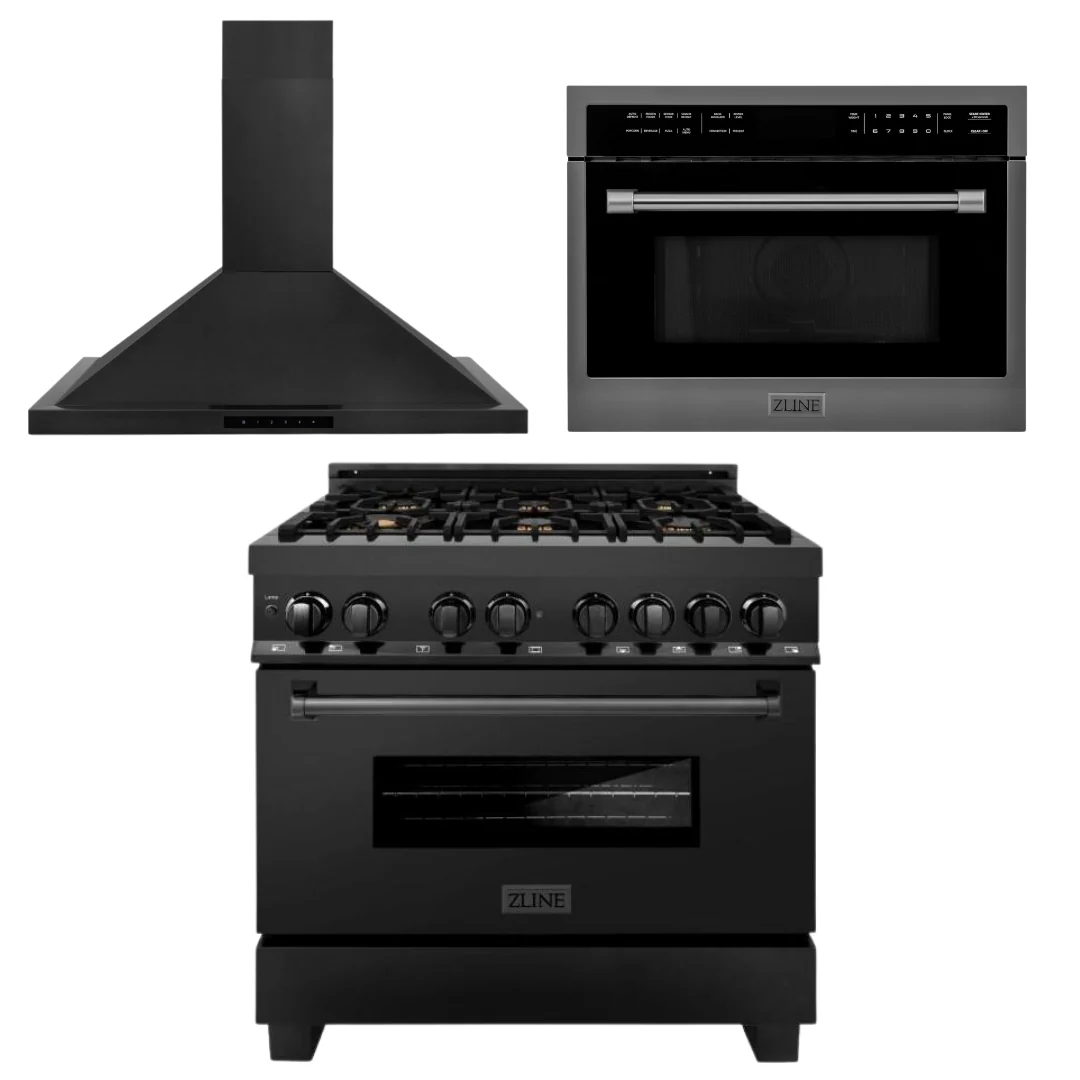 ZLINE Appliance Package - 36 In. Dual Fuel Range with Brass Burners, Range Hood, Microwave Oven in Black Stainless Steel, 3KP-RABRHMWO-36 - Inhomebuy