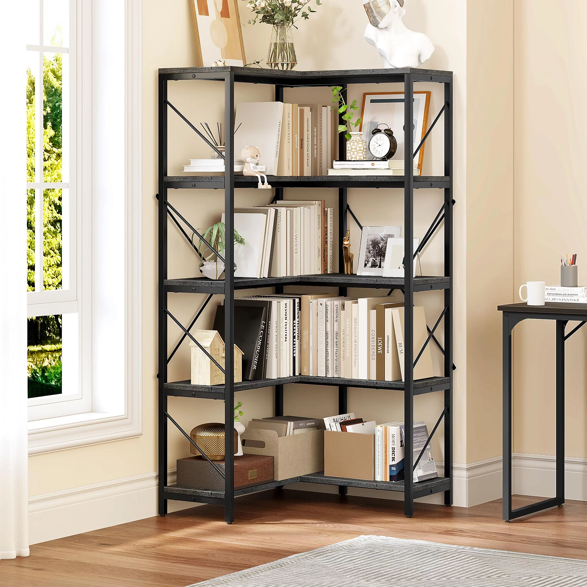 5-Tier L-Shaped Bookcase Storage Organizer, Tall Corner Bookshelf Open Display Freestanding Storage,Dark Gray - Inhomebuy