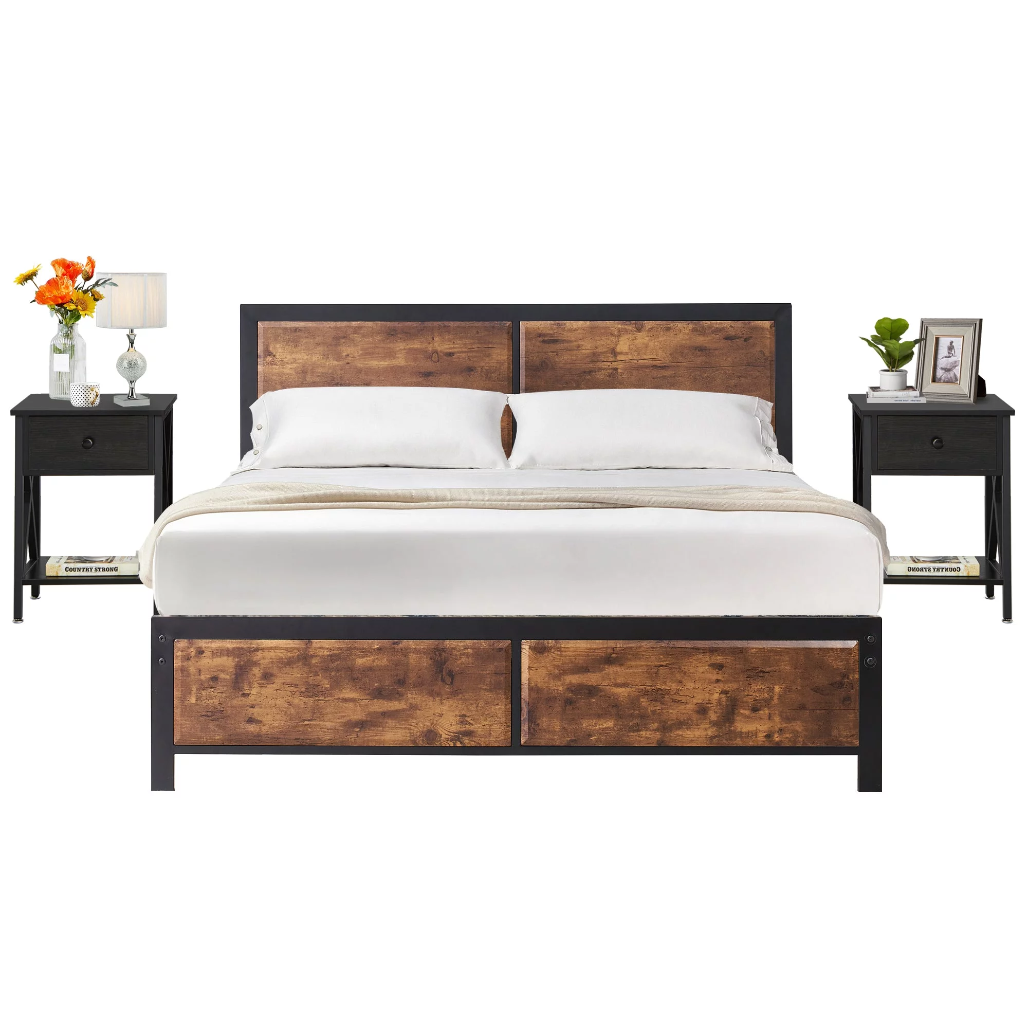 VECELO 3-Piece Bedroom Set with Queen Size Bed Frame and 1-Drawer Brown Nightstands - Inhomebuy