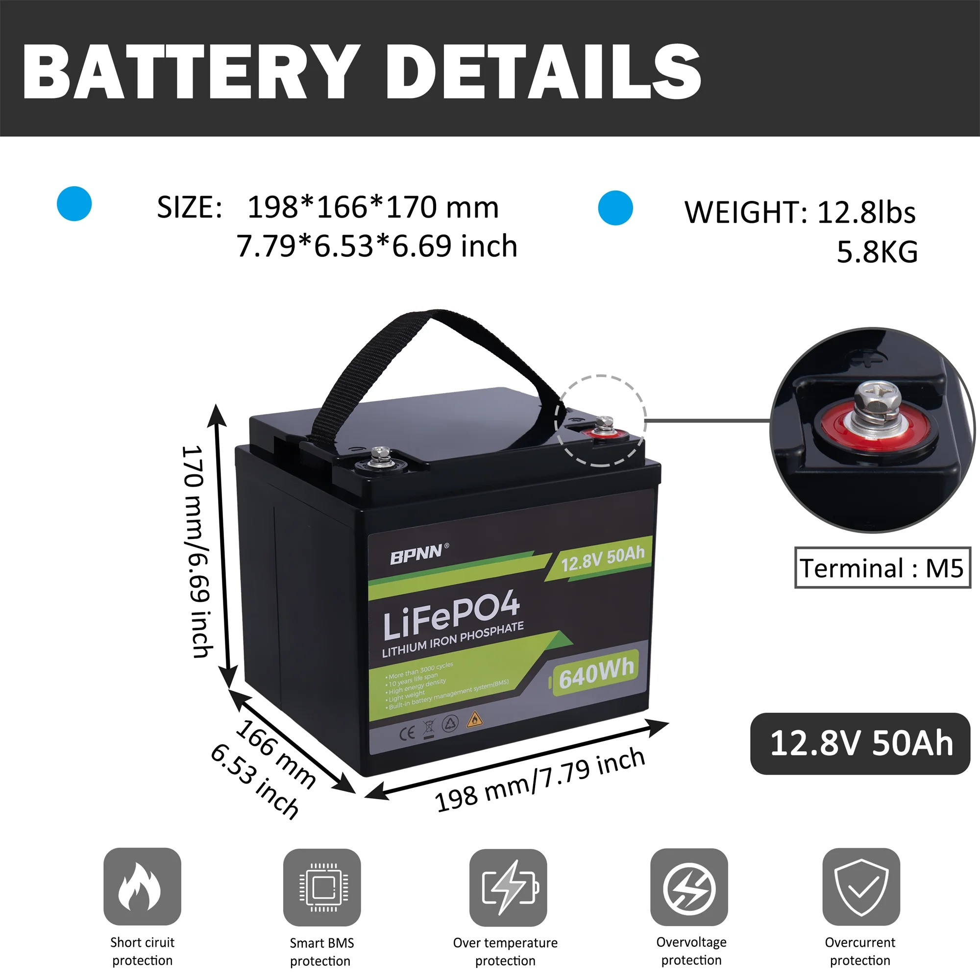 BPNN 12V 100Ah LiFePO4 Battery Long Cycles 12V Lithium Battery for RV Home Backup - Inhomebuy